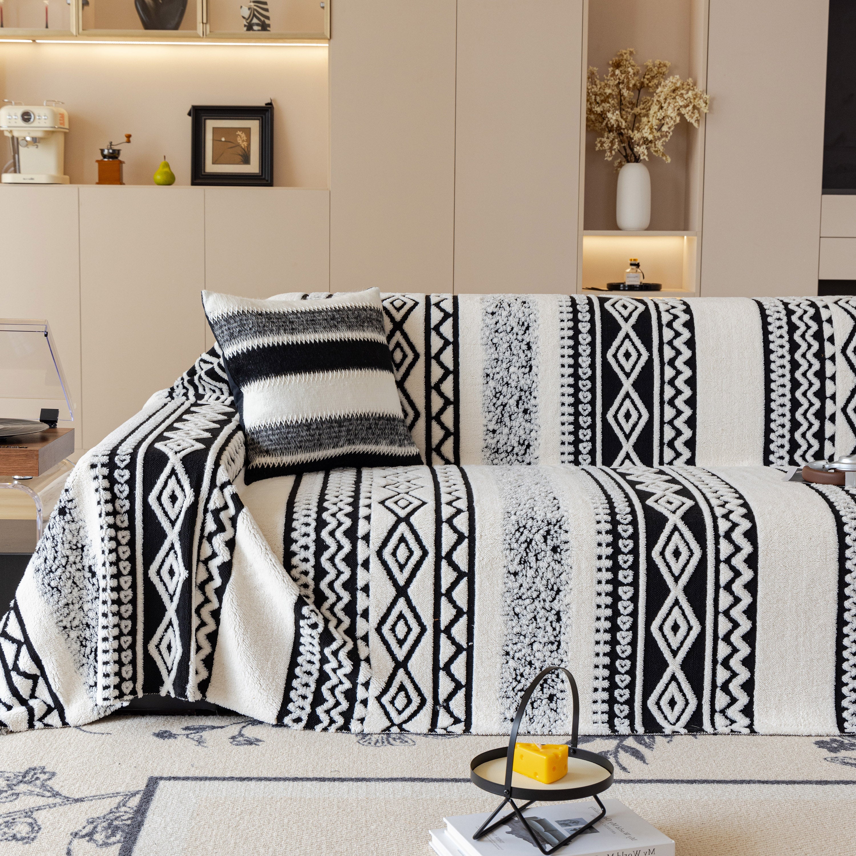 Bohemian Tufted Sofa Cover, Plush Fleece Throw Blanket With 3d Woven Aztec Stripes