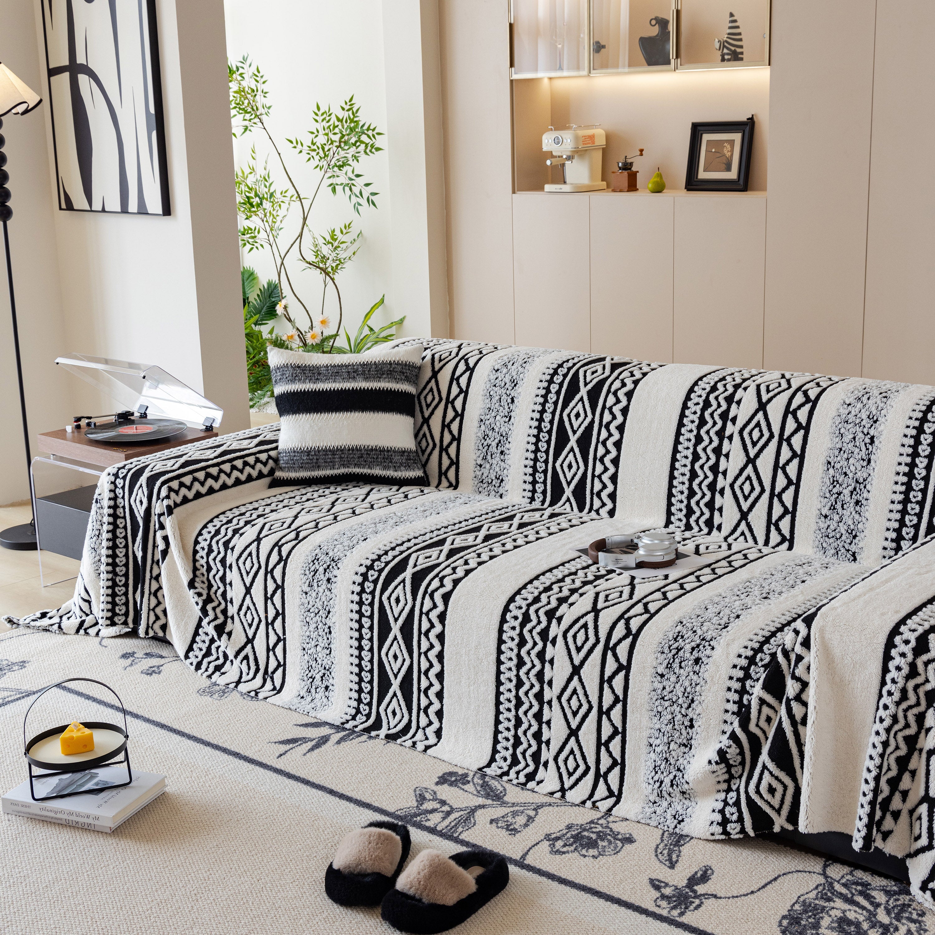 Bohemian Tufted Sofa Cover, Plush Fleece Throw Blanket With 3d Woven Aztec Stripes