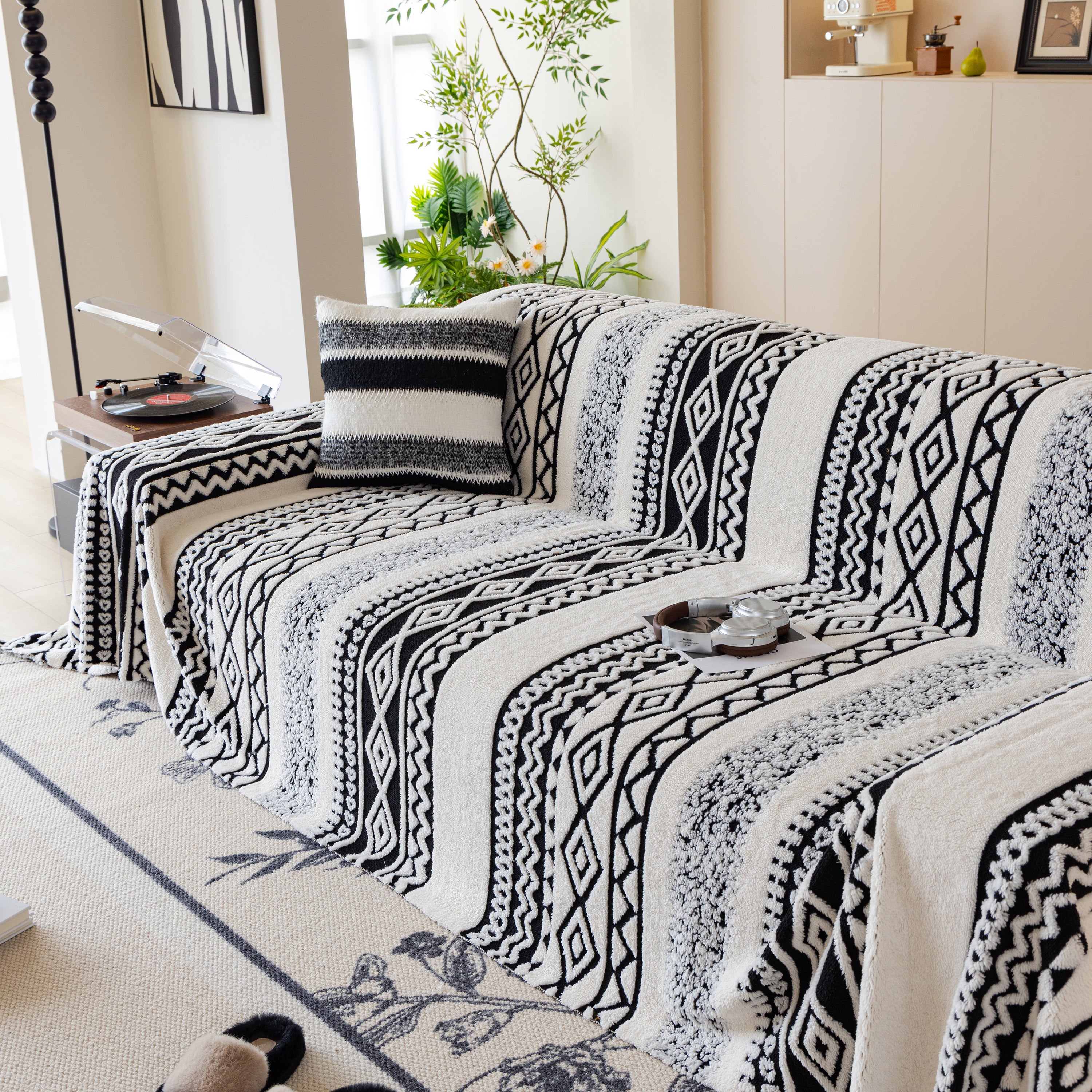 Bohemian Tufted Sofa Cover, Plush Fleece Throw Blanket With 3d Woven Aztec Stripes