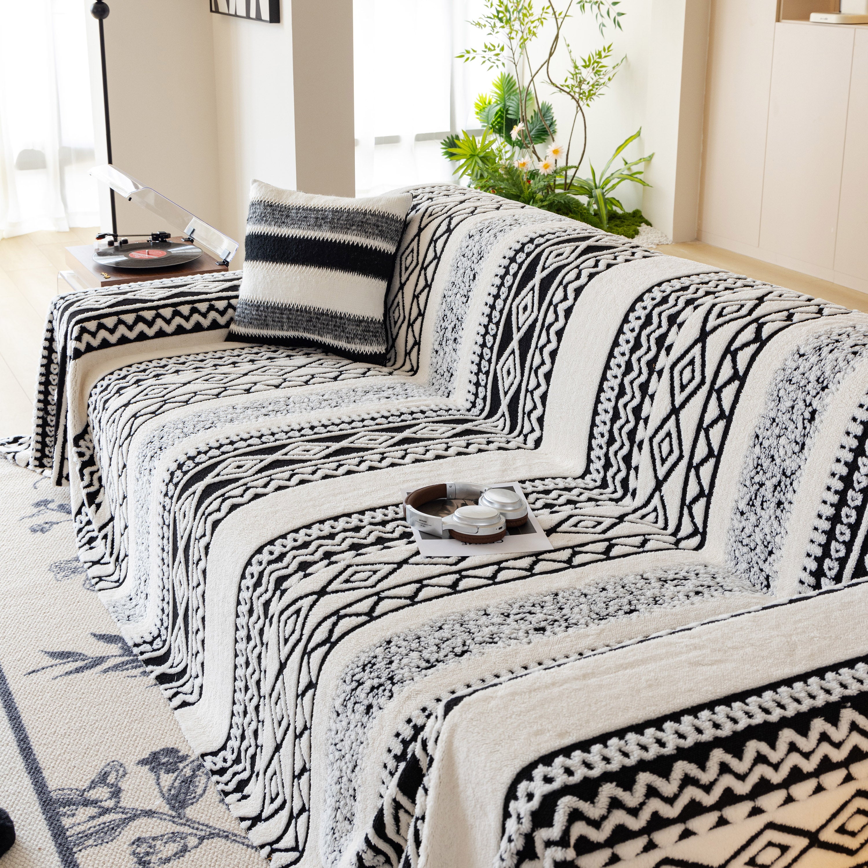 Bohemian Tufted Sofa Cover, Plush Fleece Throw Blanket With 3d Woven Aztec Stripes
