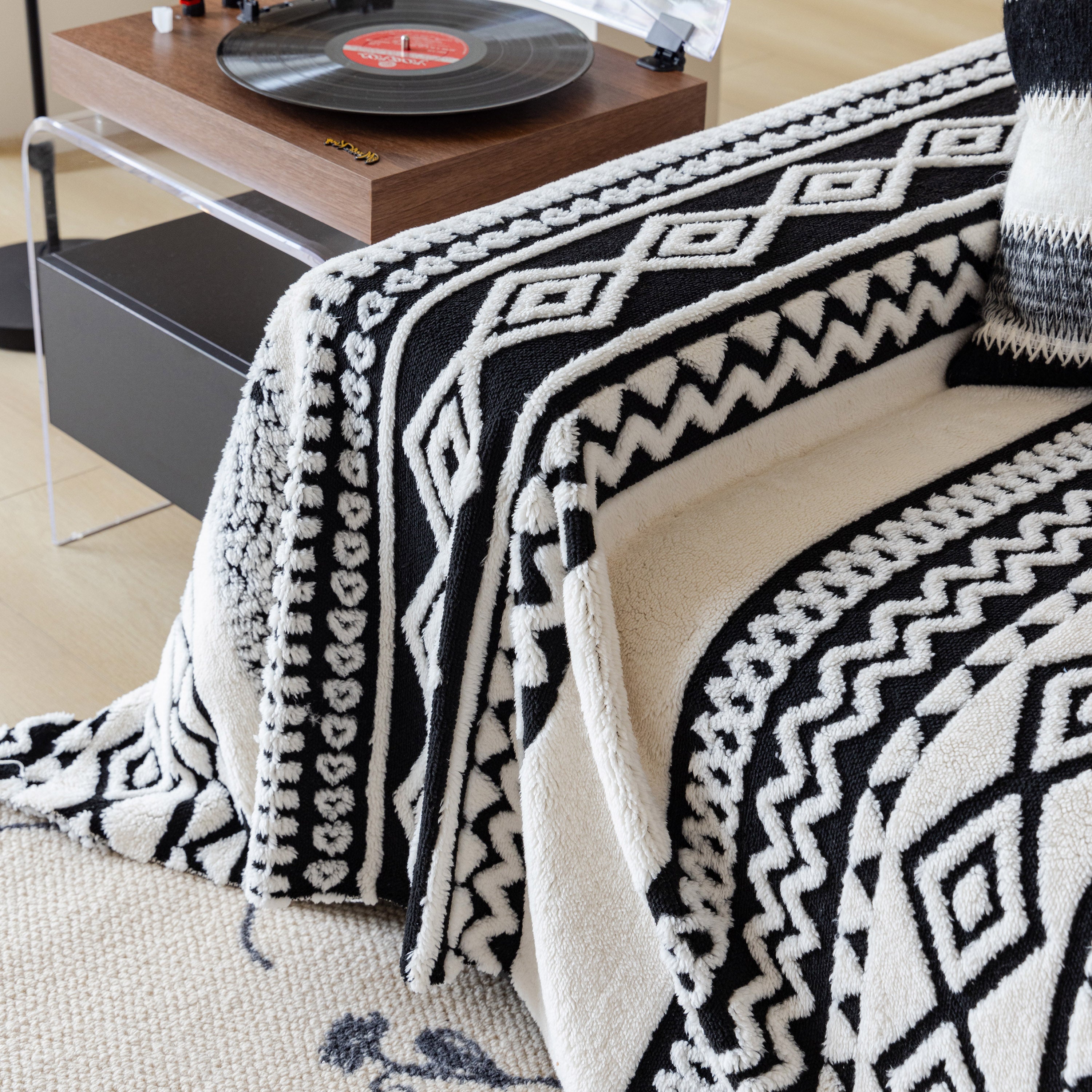 Bohemian Tufted Sofa Cover, Plush Fleece Throw Blanket With 3d Woven Aztec Stripes