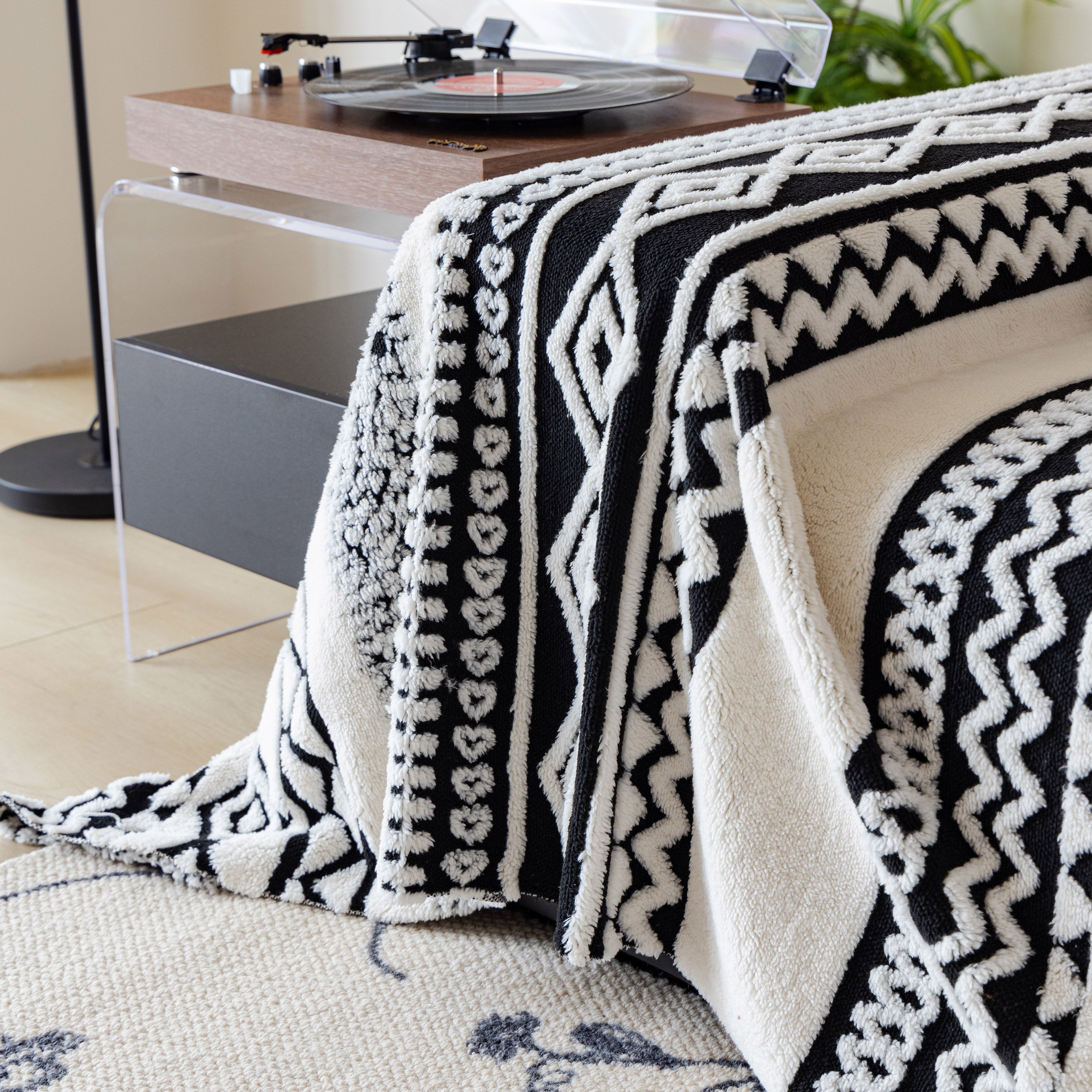Bohemian Tufted Sofa Cover, Plush Fleece Throw Blanket With 3d Woven Aztec Stripes