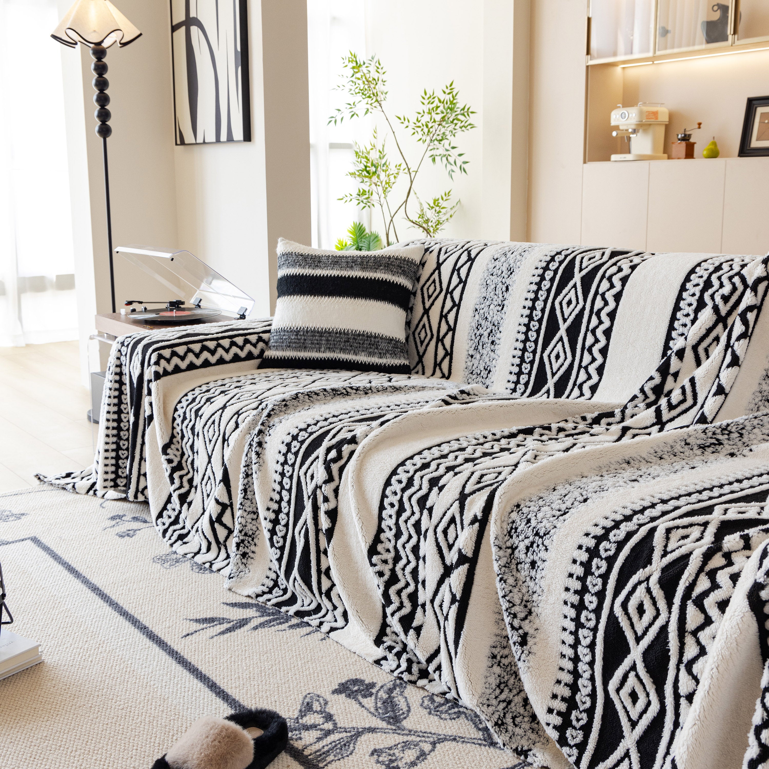 Bohemian Tufted Sofa Cover, Plush Fleece Throw Blanket With 3d Woven Aztec Stripes