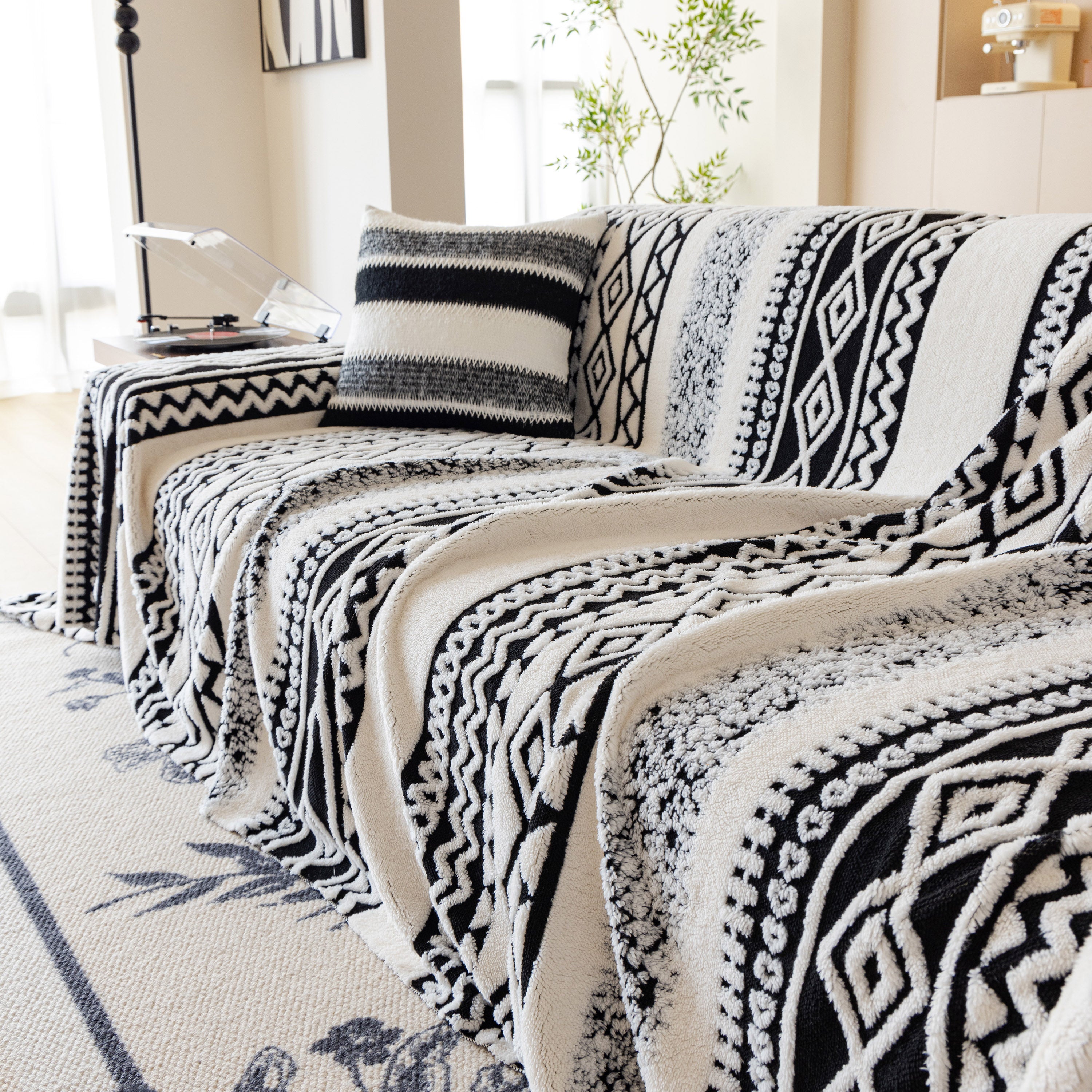 Bohemian Tufted Sofa Cover, Plush Fleece Throw Blanket With 3d Woven Aztec Stripes