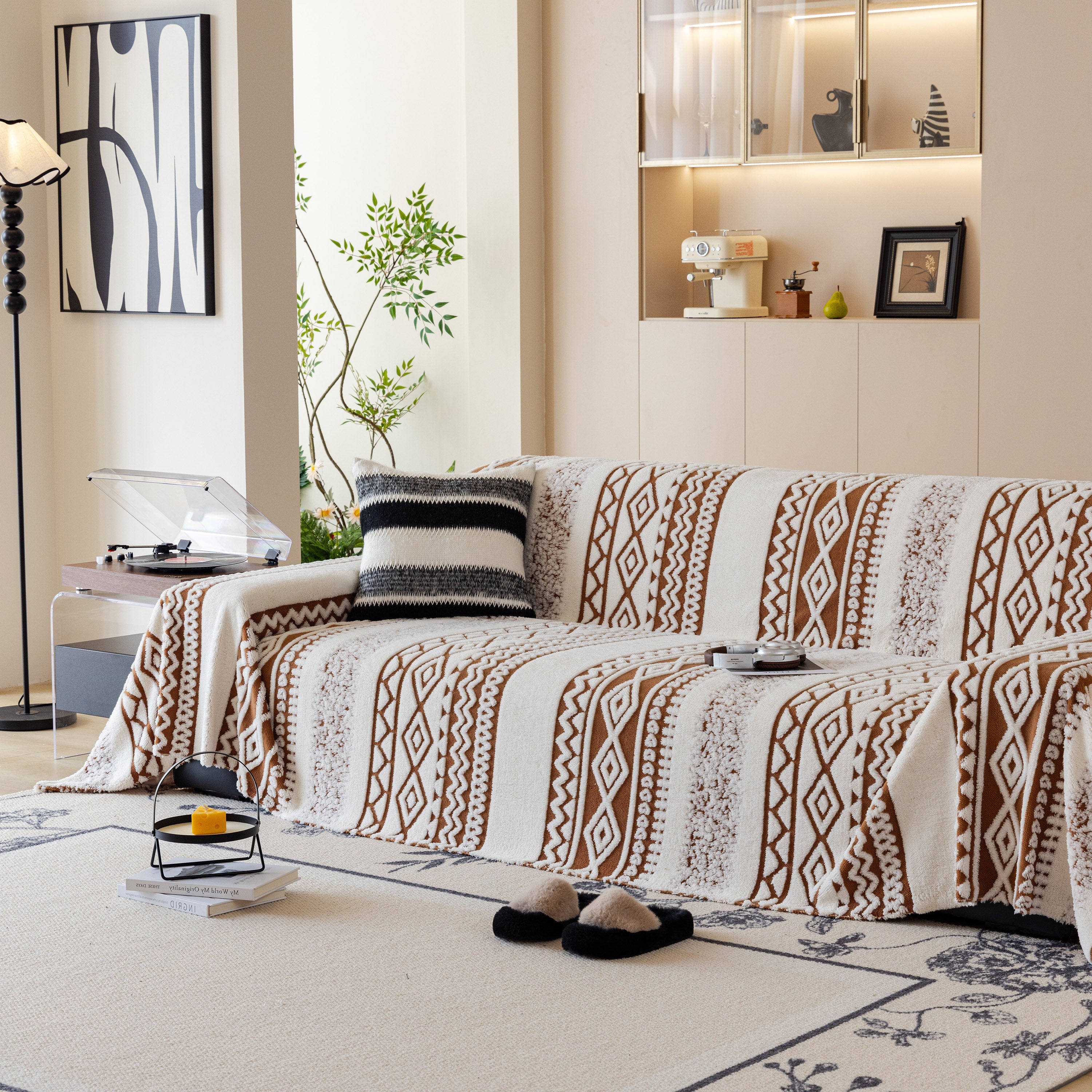 Bohemian Tufted Sofa Cover, Plush Fleece Throw Blanket With 3d Woven Aztec Stripes