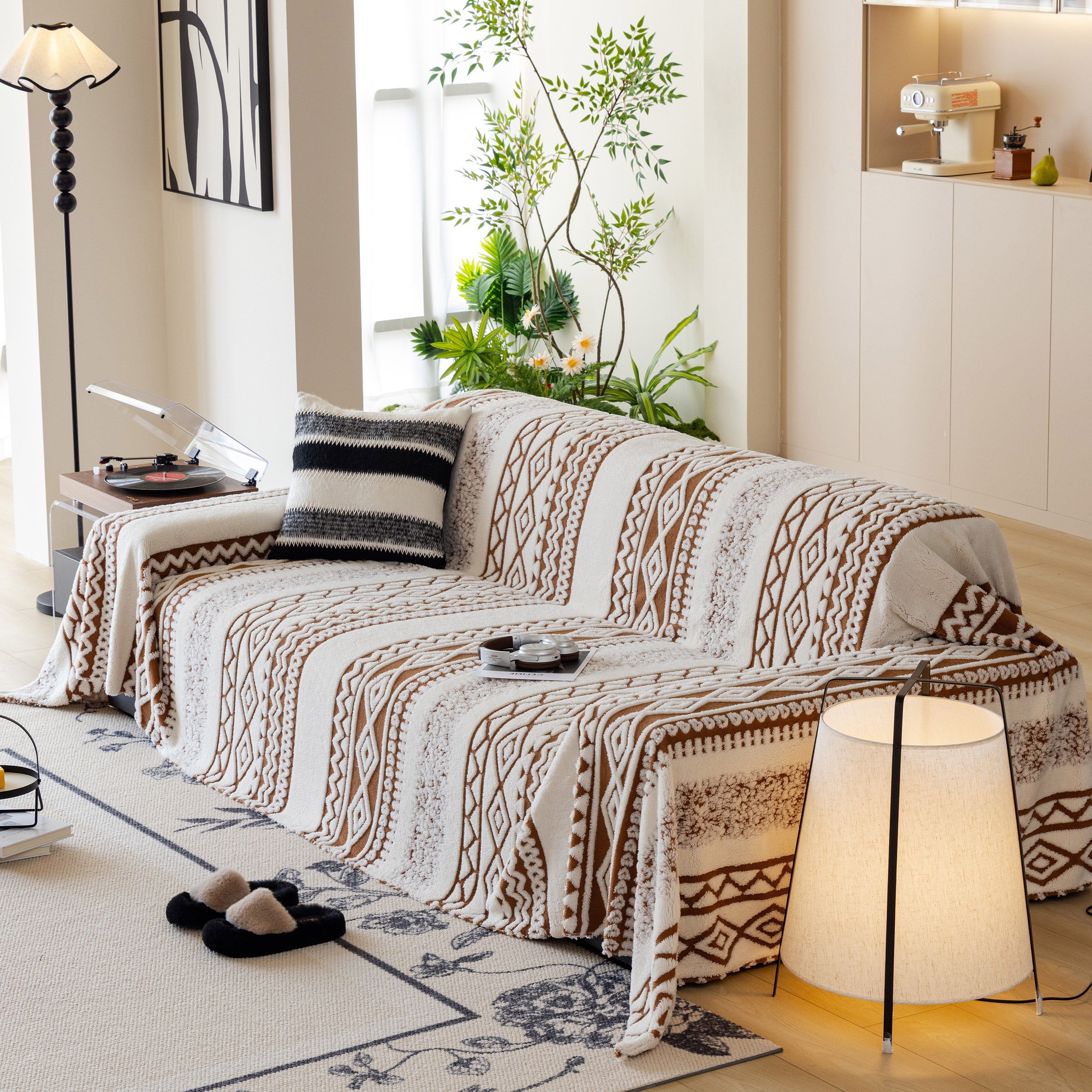 Bohemian Tufted Sofa Cover, Plush Fleece Throw Blanket With 3d Woven Aztec Stripes