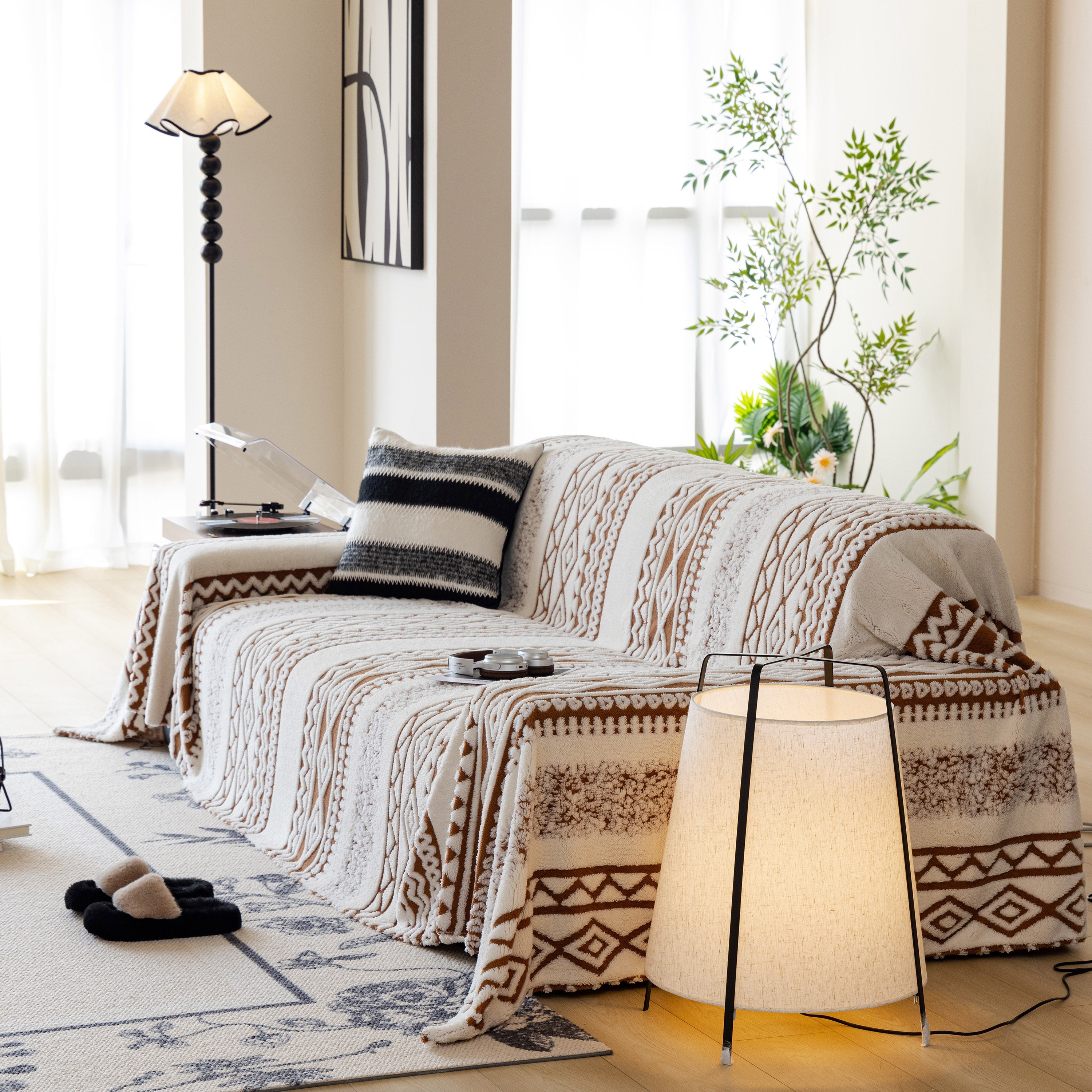 Bohemian Tufted Sofa Cover, Plush Fleece Throw Blanket With 3d Woven Aztec Stripes