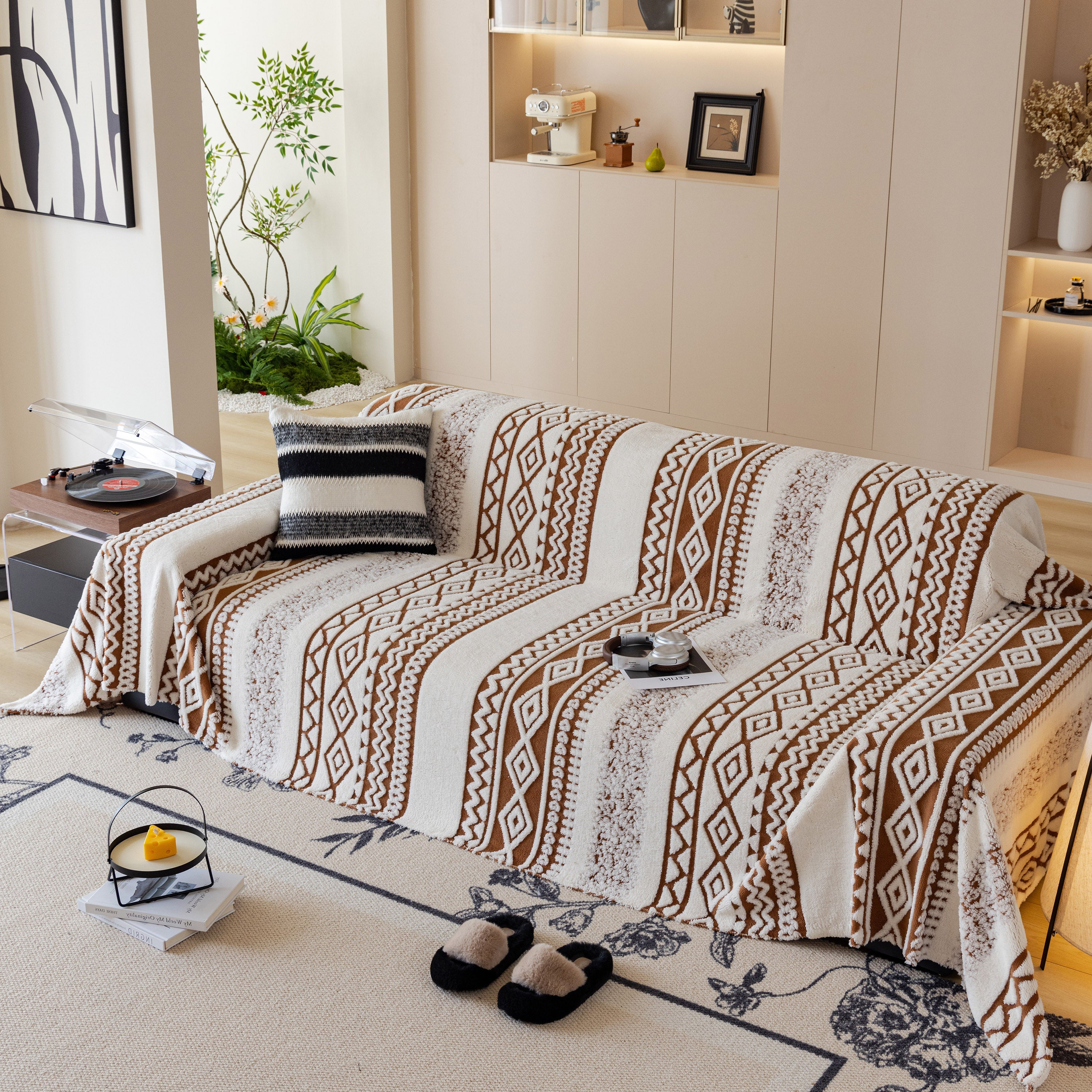 Bohemian Tufted Sofa Cover, Plush Fleece Throw Blanket With 3d Woven Aztec Stripes