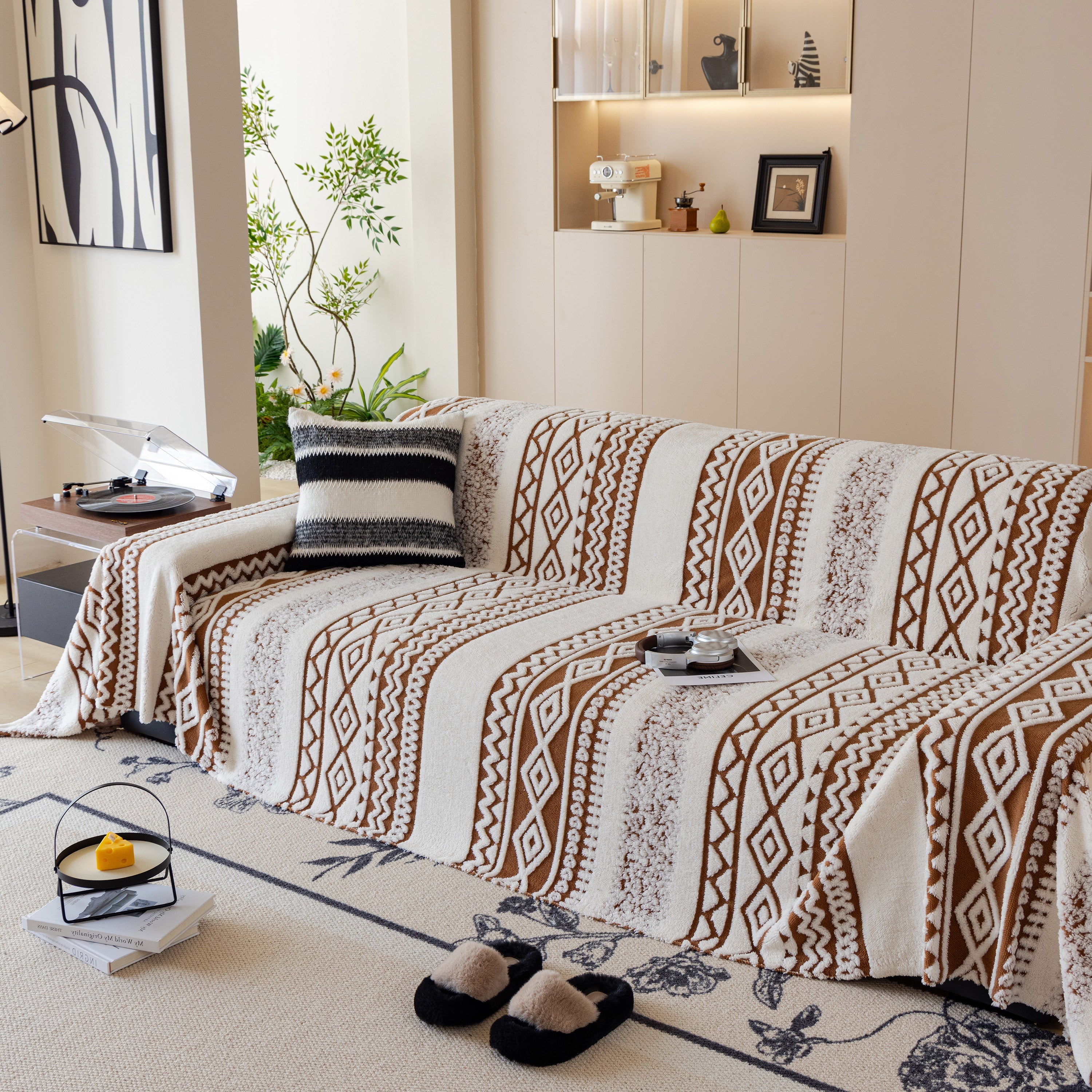 Bohemian Tufted Sofa Cover, Plush Fleece Throw Blanket With 3d Woven Aztec Stripes