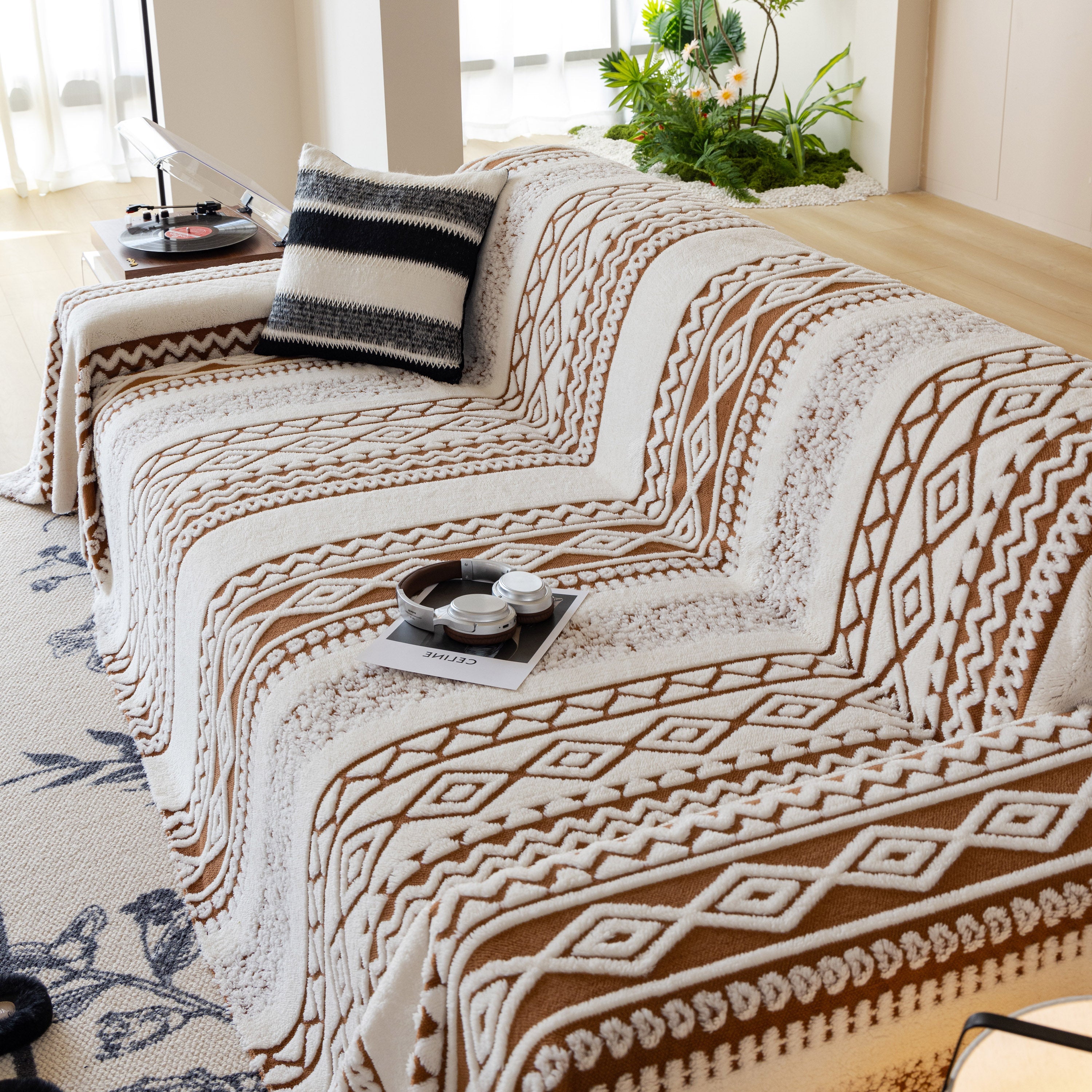 Bohemian Tufted Sofa Cover, Plush Fleece Throw Blanket With 3d Woven Aztec Stripes