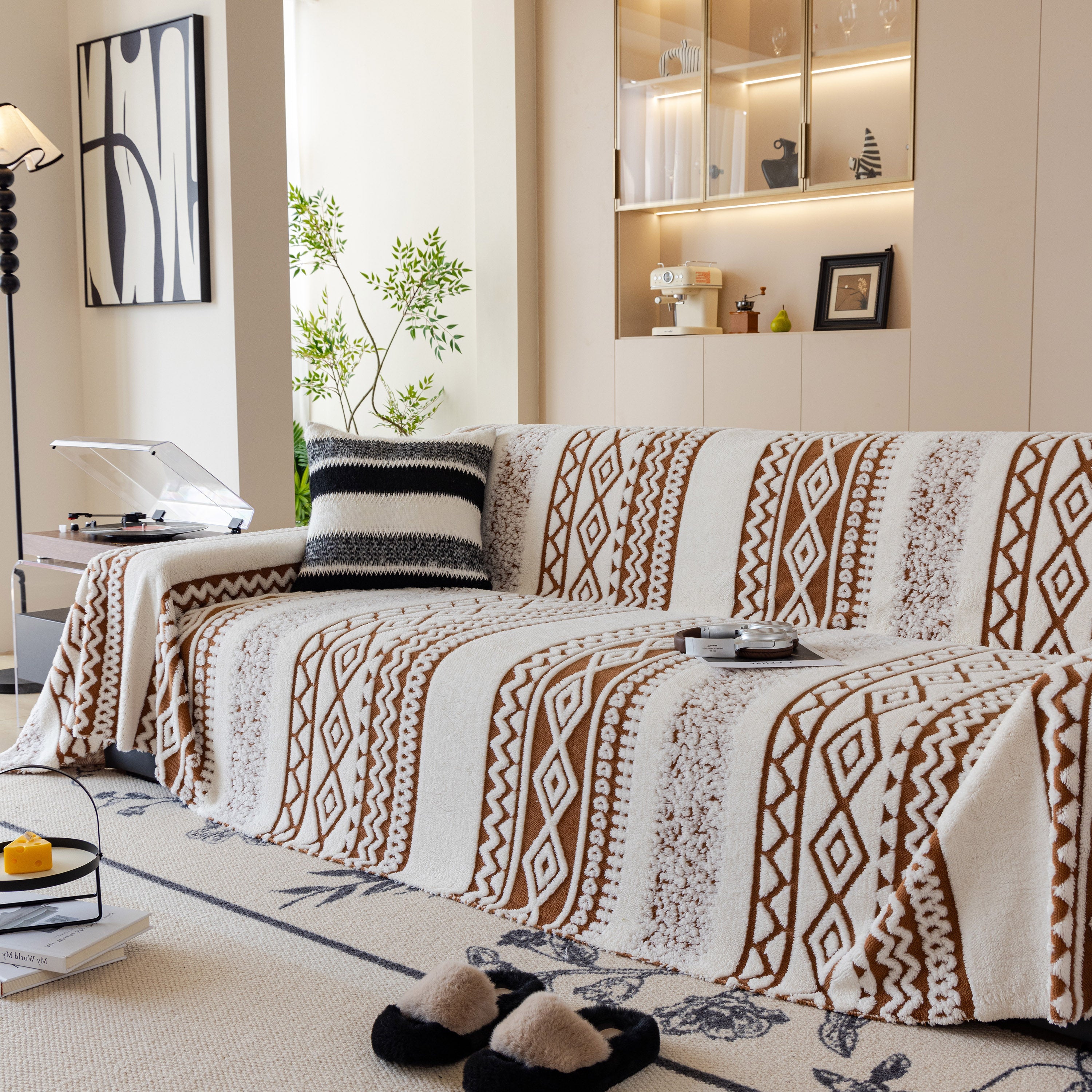 Bohemian Tufted Sofa Cover, Plush Fleece Throw Blanket With 3d Woven Aztec Stripes