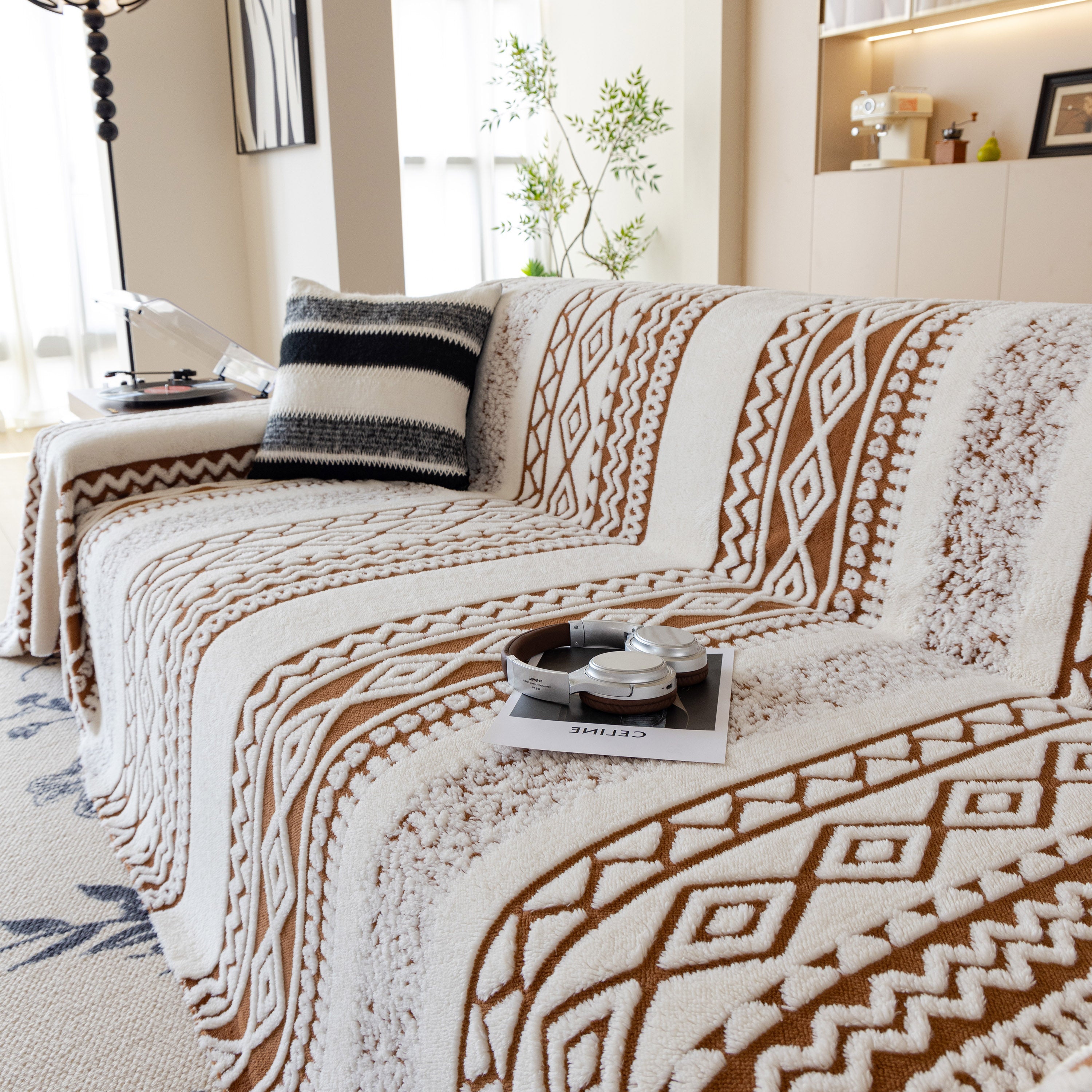 Bohemian Tufted Sofa Cover, Plush Fleece Throw Blanket With 3d Woven Aztec Stripes