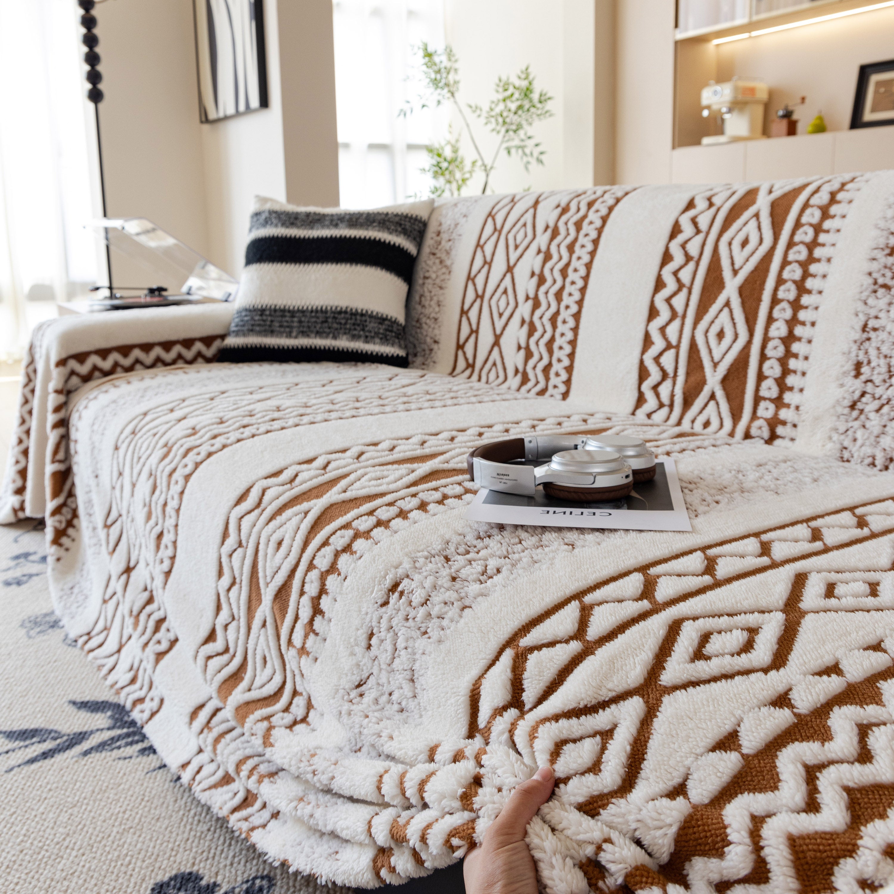 Bohemian Tufted Sofa Cover, Plush Fleece Throw Blanket With 3d Woven Aztec Stripes