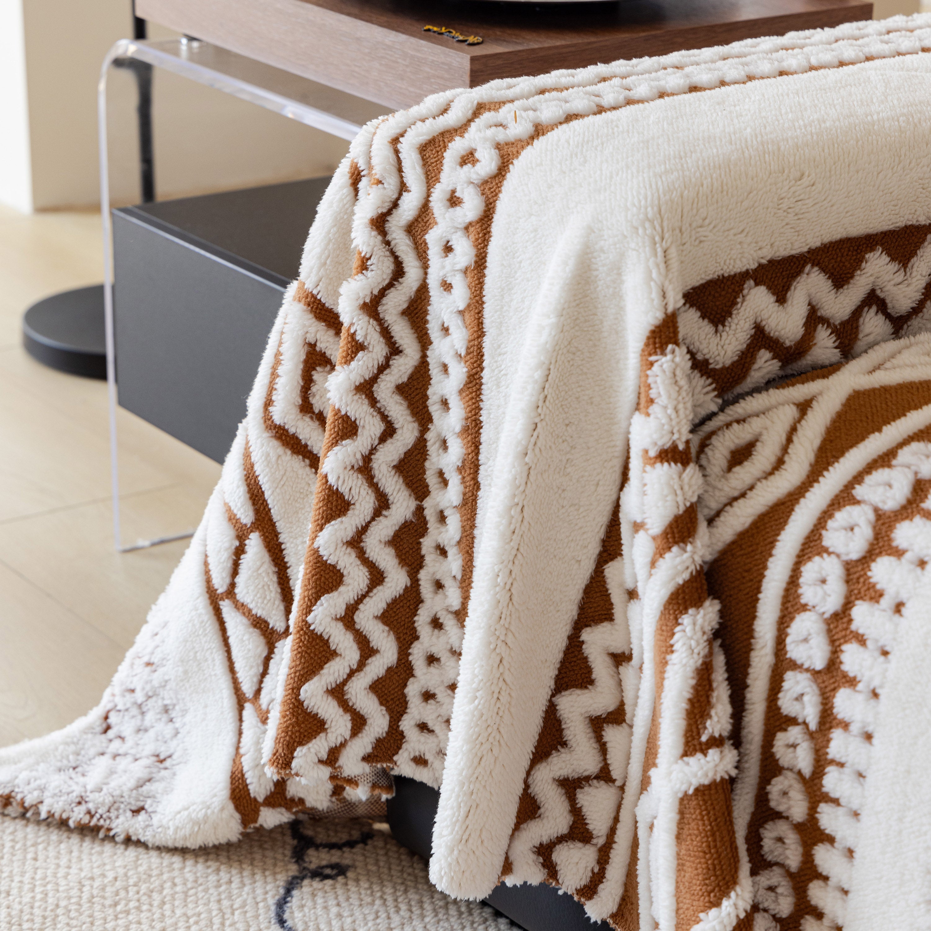 Bohemian Tufted Sofa Cover, Plush Fleece Throw Blanket With 3d Woven Aztec Stripes