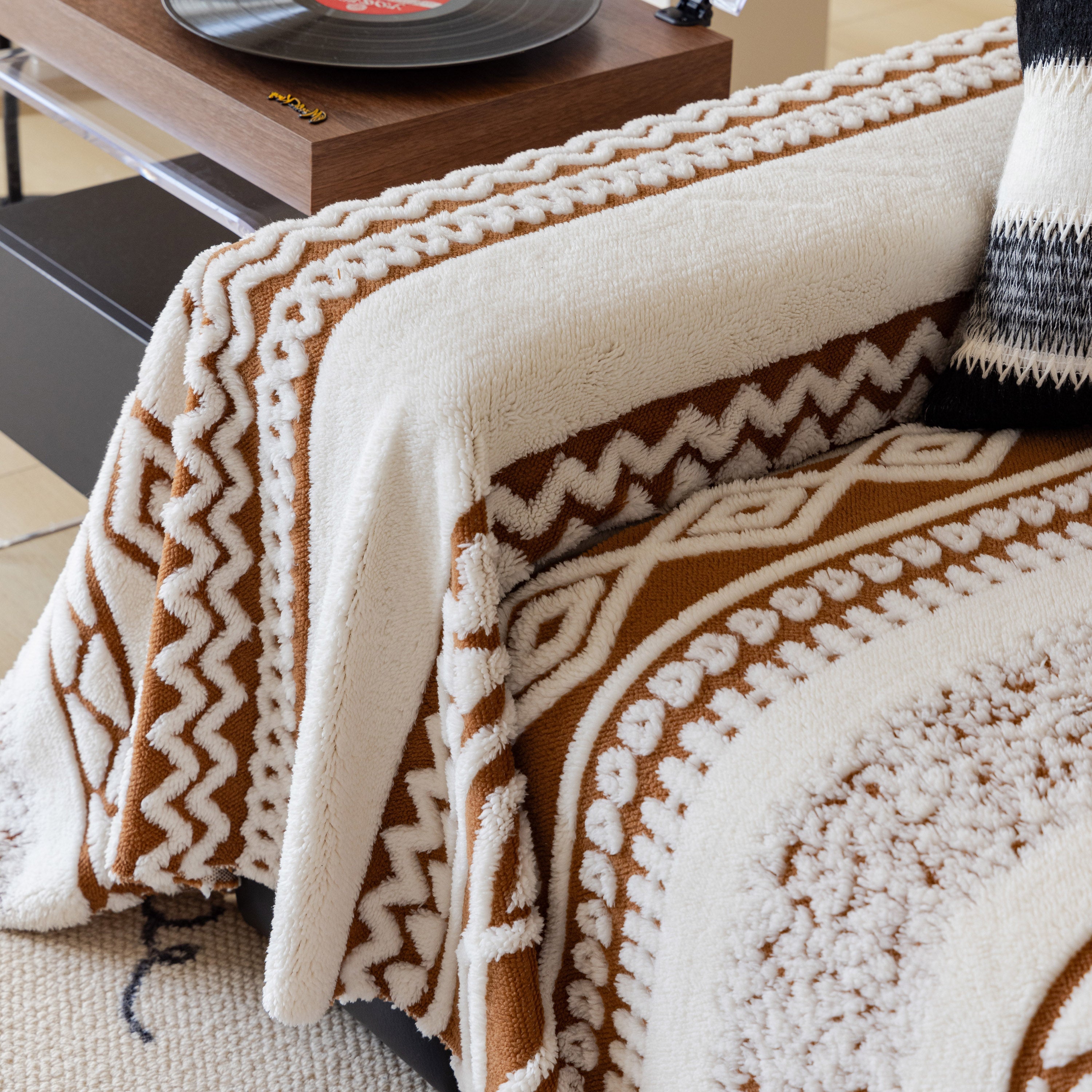 Bohemian Tufted Sofa Cover, Plush Fleece Throw Blanket With 3d Woven Aztec Stripes