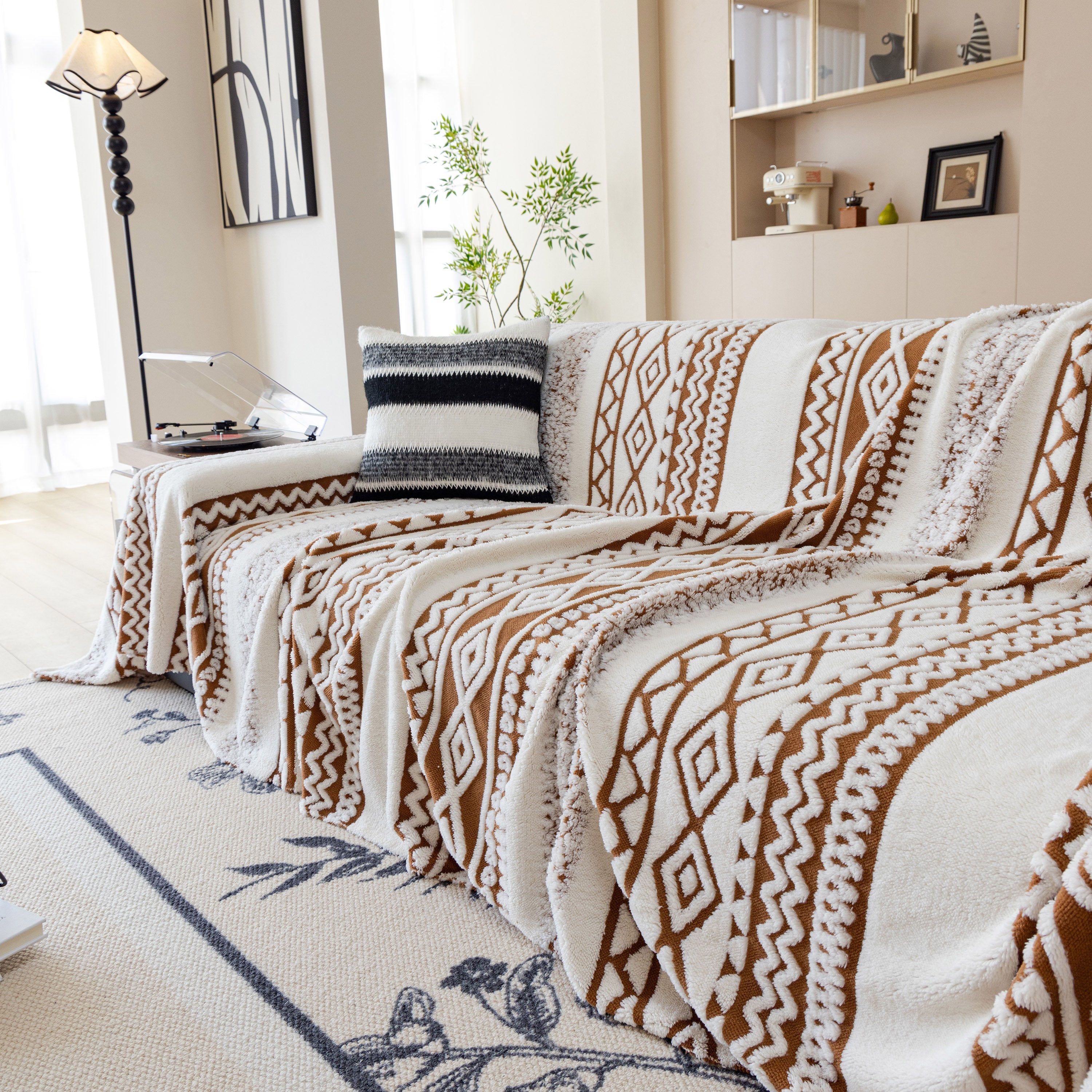 Bohemian Tufted Sofa Cover, Plush Fleece Throw Blanket With 3d Woven Aztec Stripes