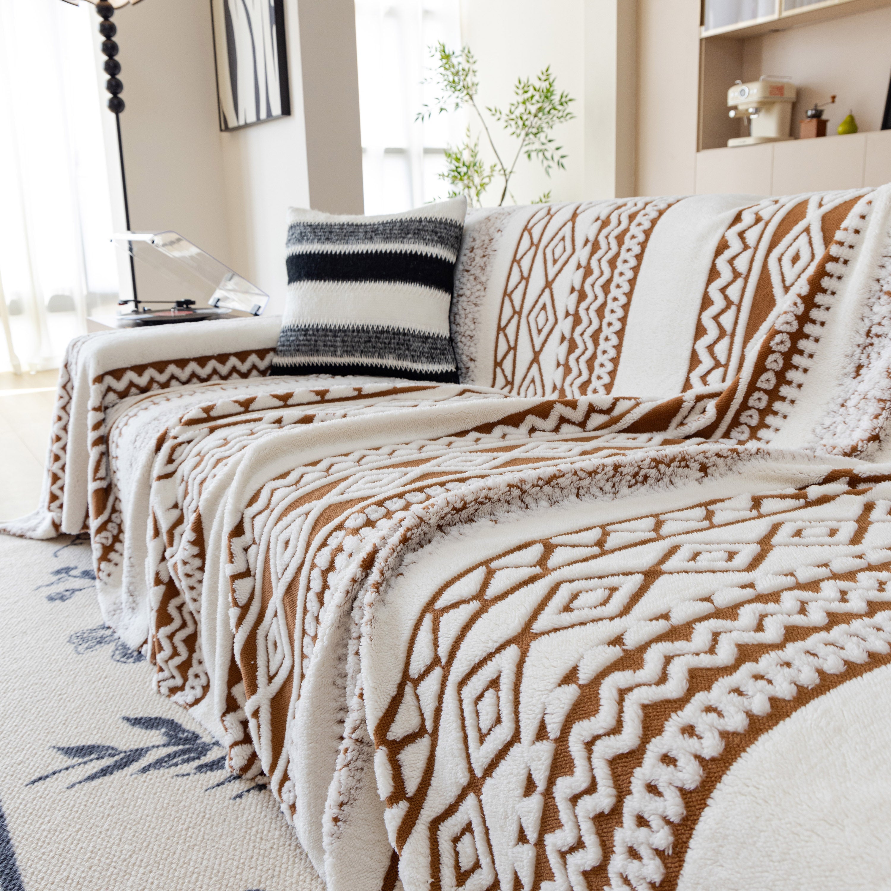 Bohemian Tufted Sofa Cover, Plush Fleece Throw Blanket With 3d Woven Aztec Stripes