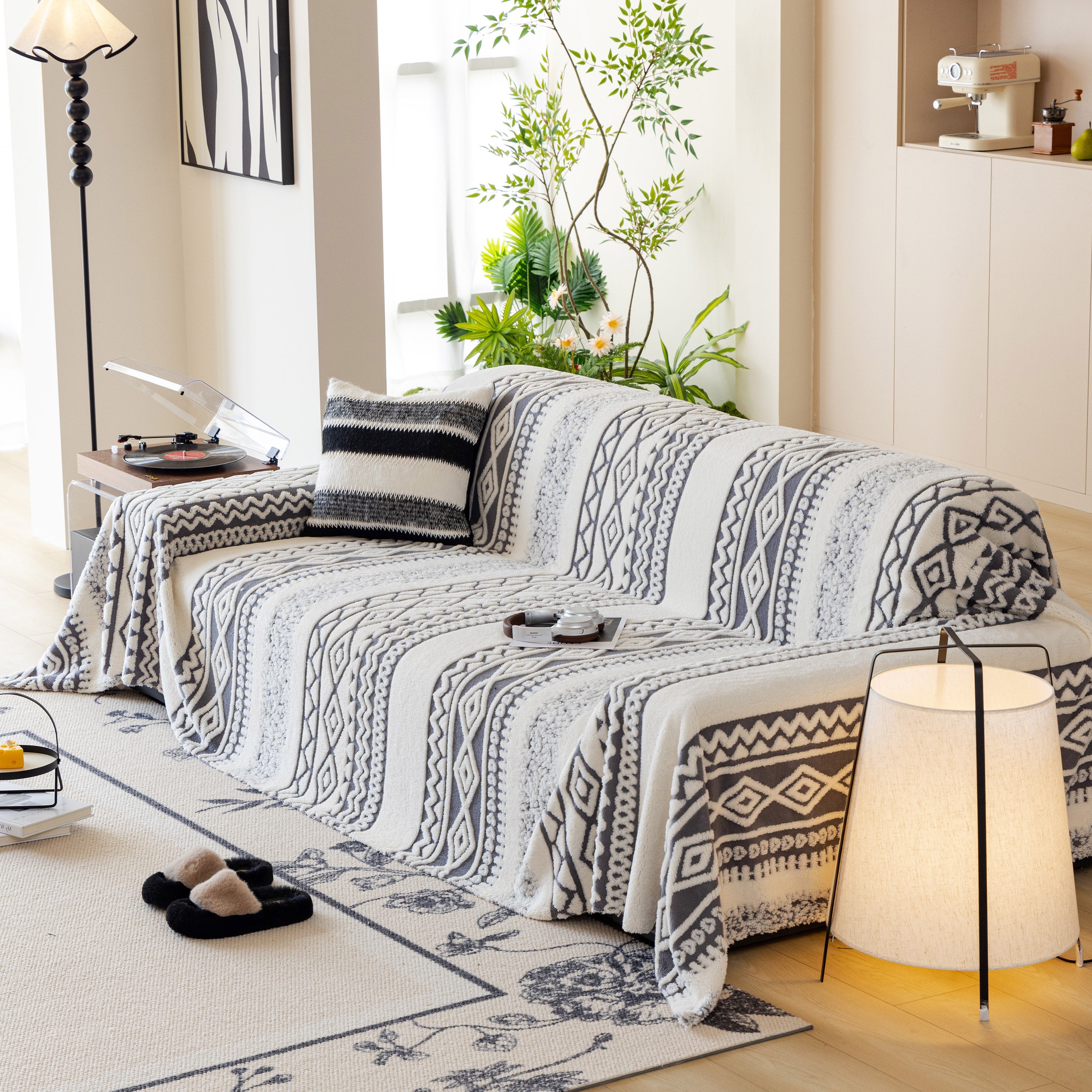 Bohemian Tufted Sofa Cover, Plush Fleece Throw Blanket With 3d Woven Aztec Stripes