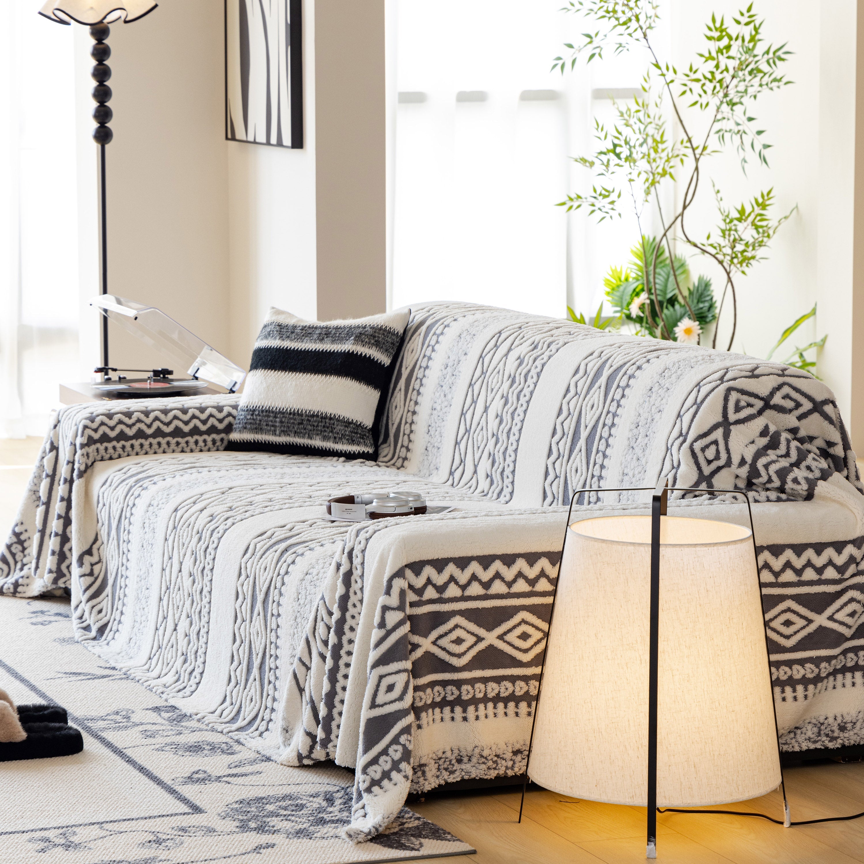 Bohemian Tufted Sofa Cover, Plush Fleece Throw Blanket With 3d Woven Aztec Stripes