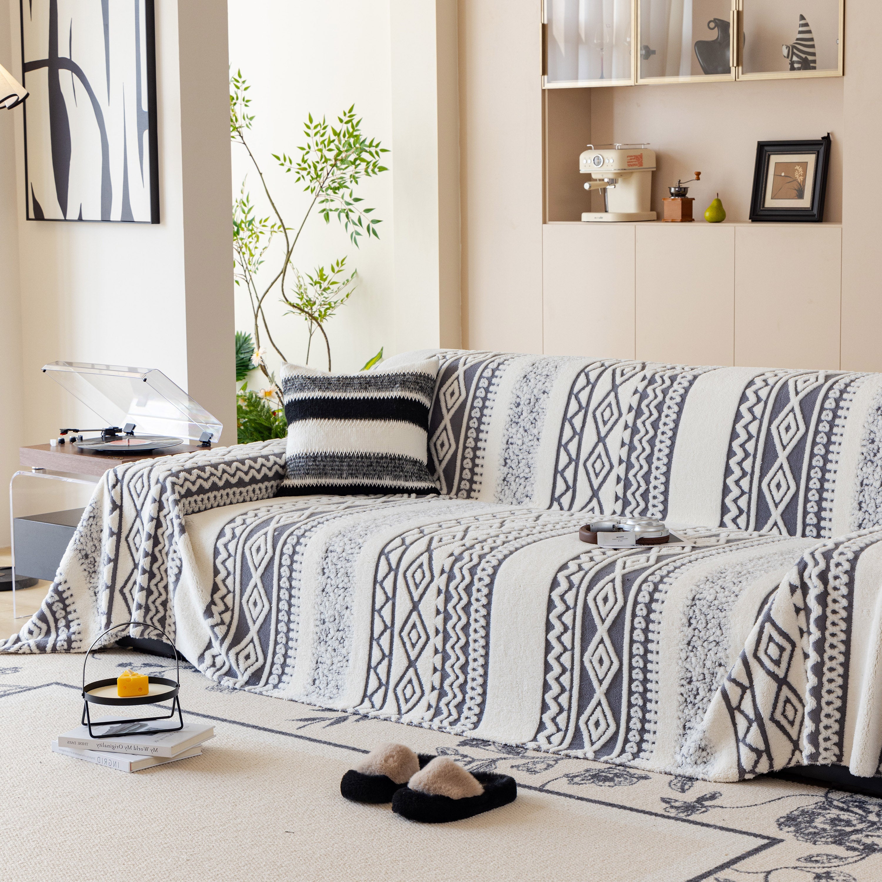 Bohemian Tufted Sofa Cover, Plush Fleece Throw Blanket With 3d Woven Aztec Stripes