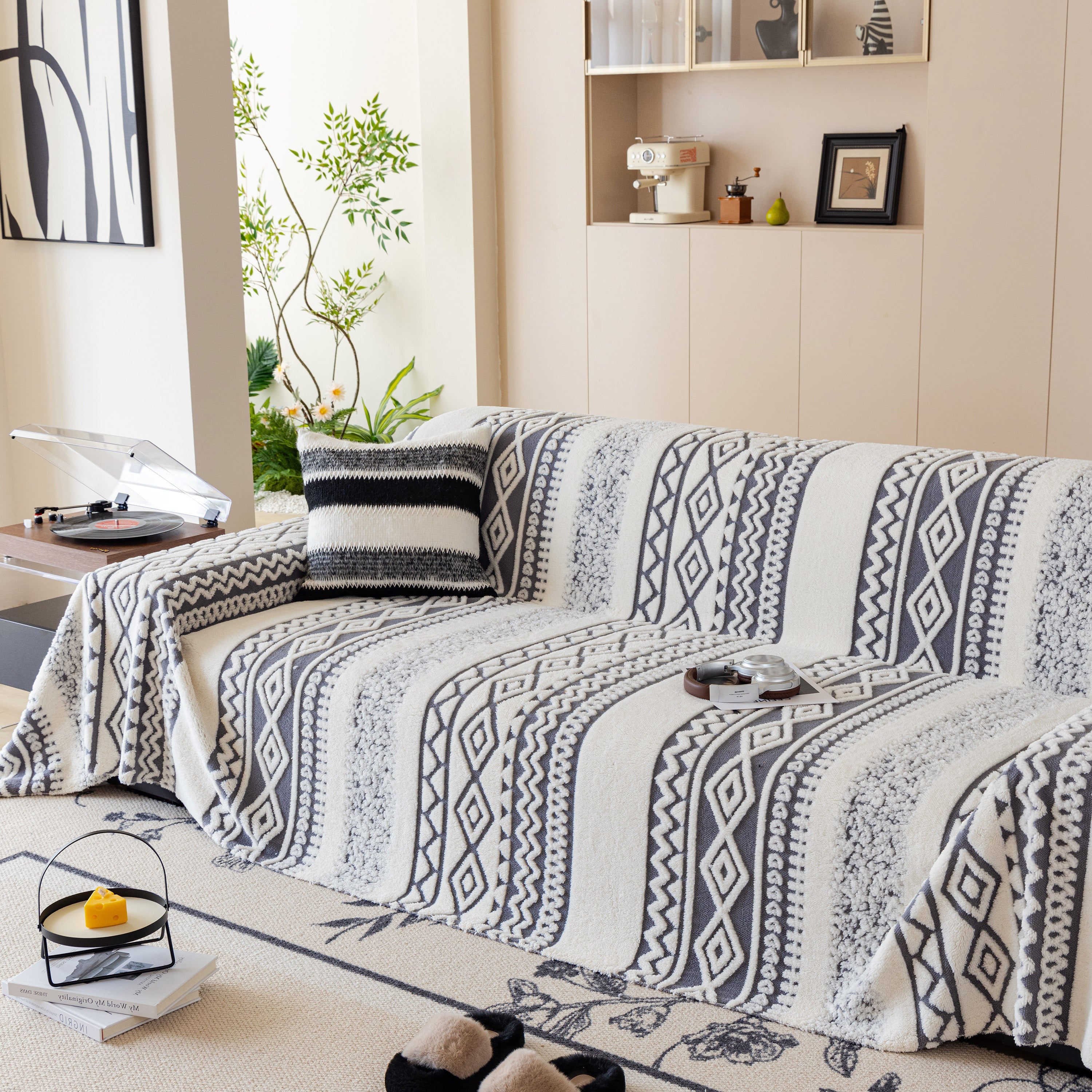 Bohemian Tufted Sofa Cover, Plush Fleece Throw Blanket With 3d Woven Aztec Stripes