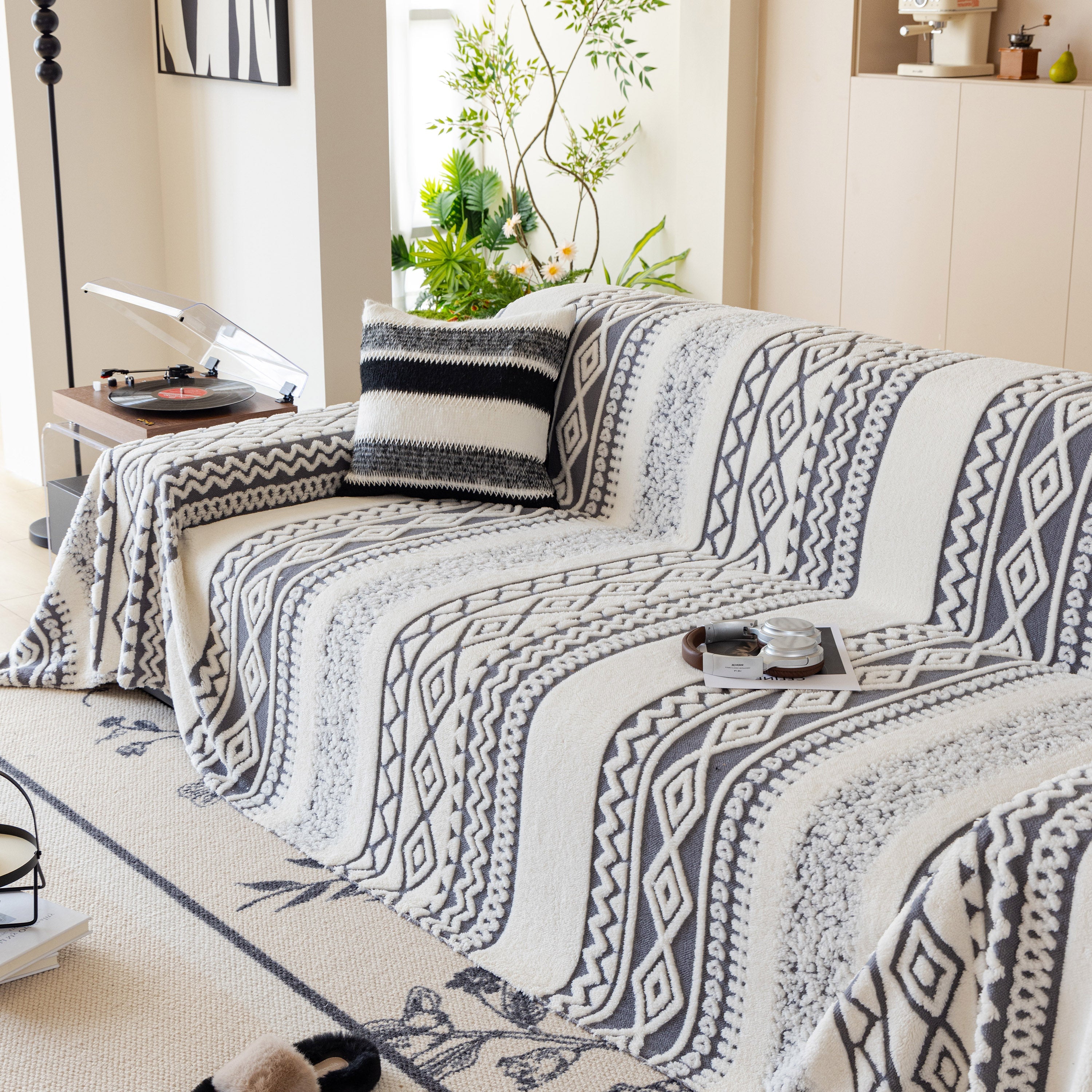 Bohemian Tufted Sofa Cover, Plush Fleece Throw Blanket With 3d Woven Aztec Stripes