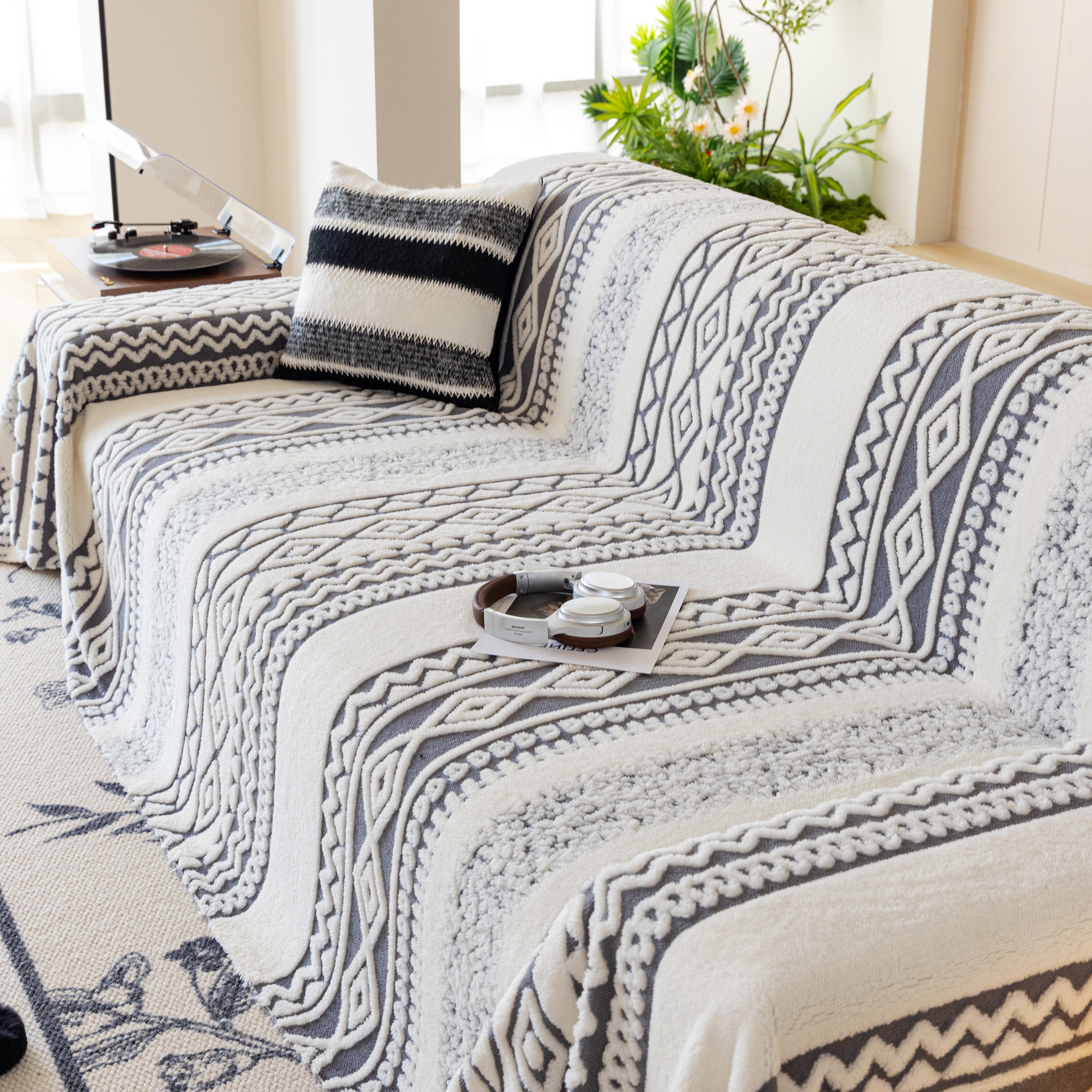 Bohemian Tufted Sofa Cover, Plush Fleece Throw Blanket With 3d Woven Aztec Stripes