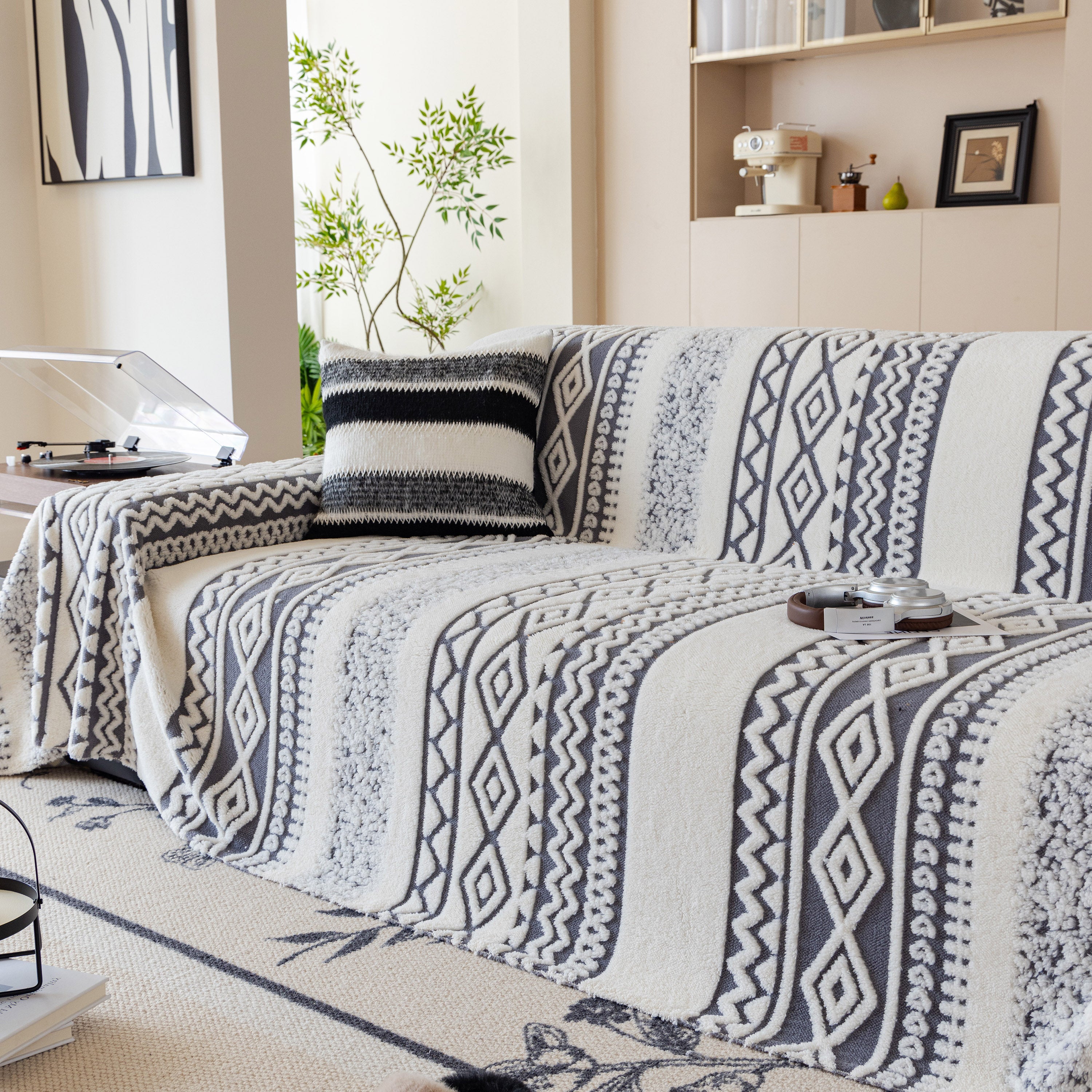 Bohemian Tufted Sofa Cover, Plush Fleece Throw Blanket With 3d Woven Aztec Stripes