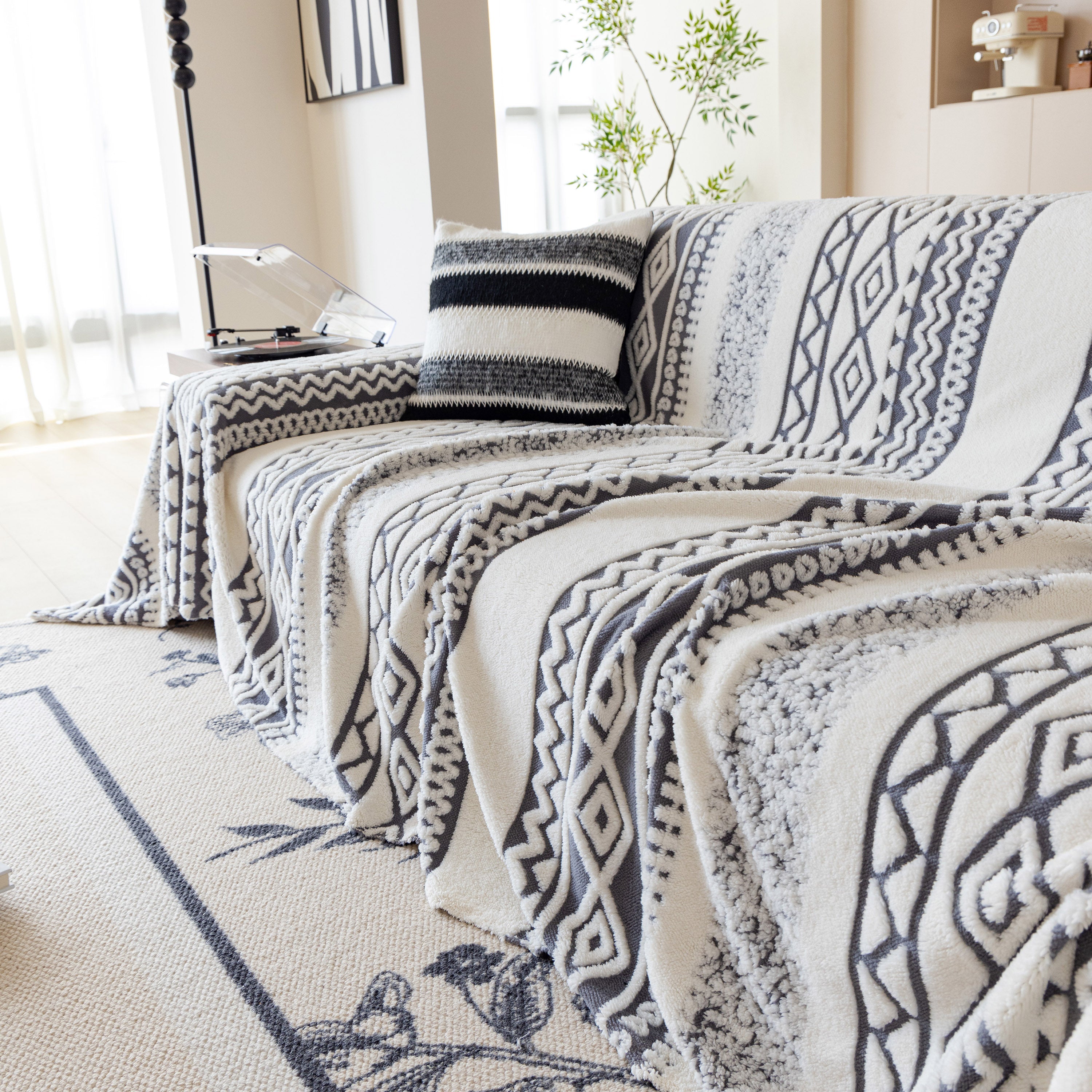 Bohemian Tufted Sofa Cover, Plush Fleece Throw Blanket With 3d Woven Aztec Stripes