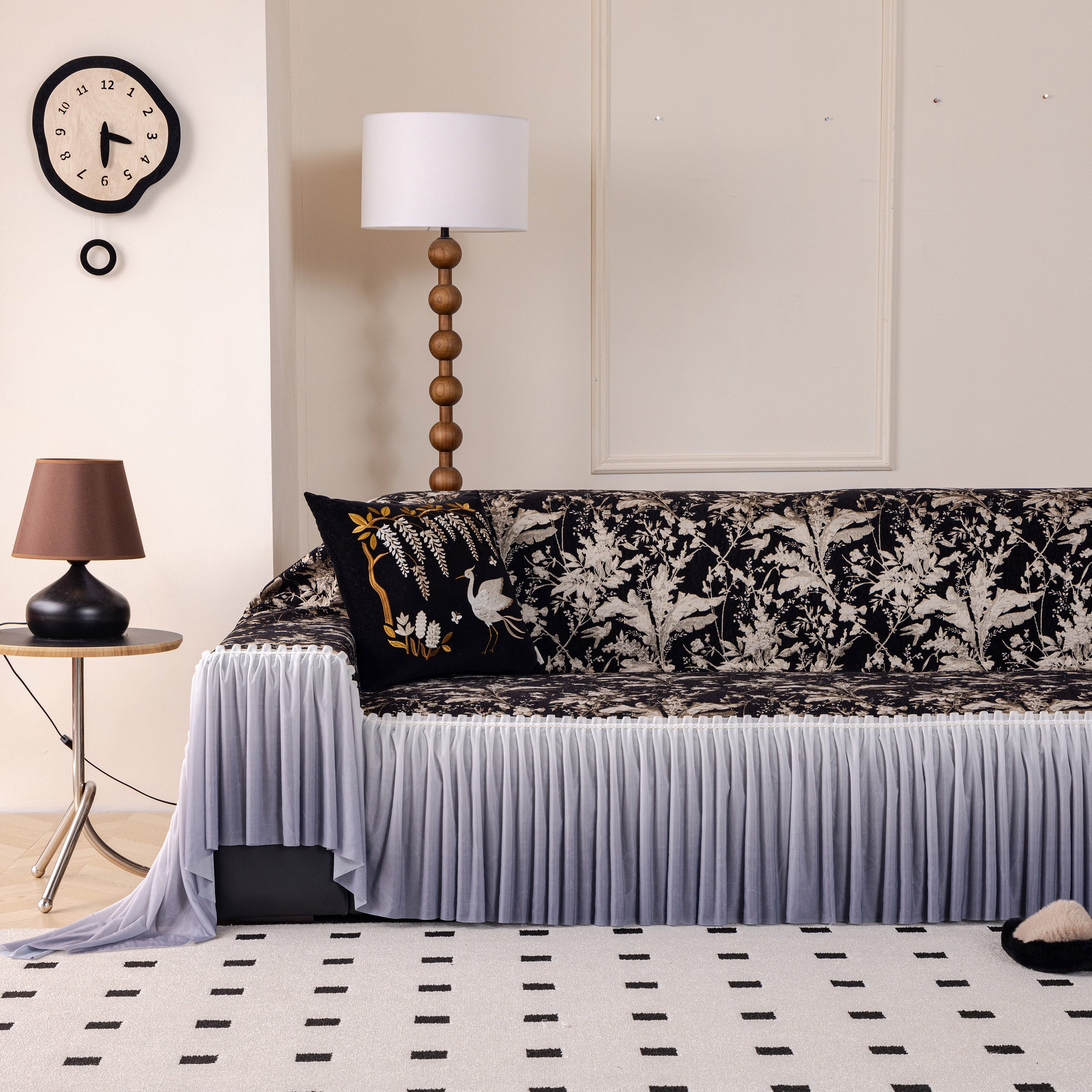 Elegant Botanical Sofa Cover With Pleated Tulle Skirt, Vintage Floral Couch Protector