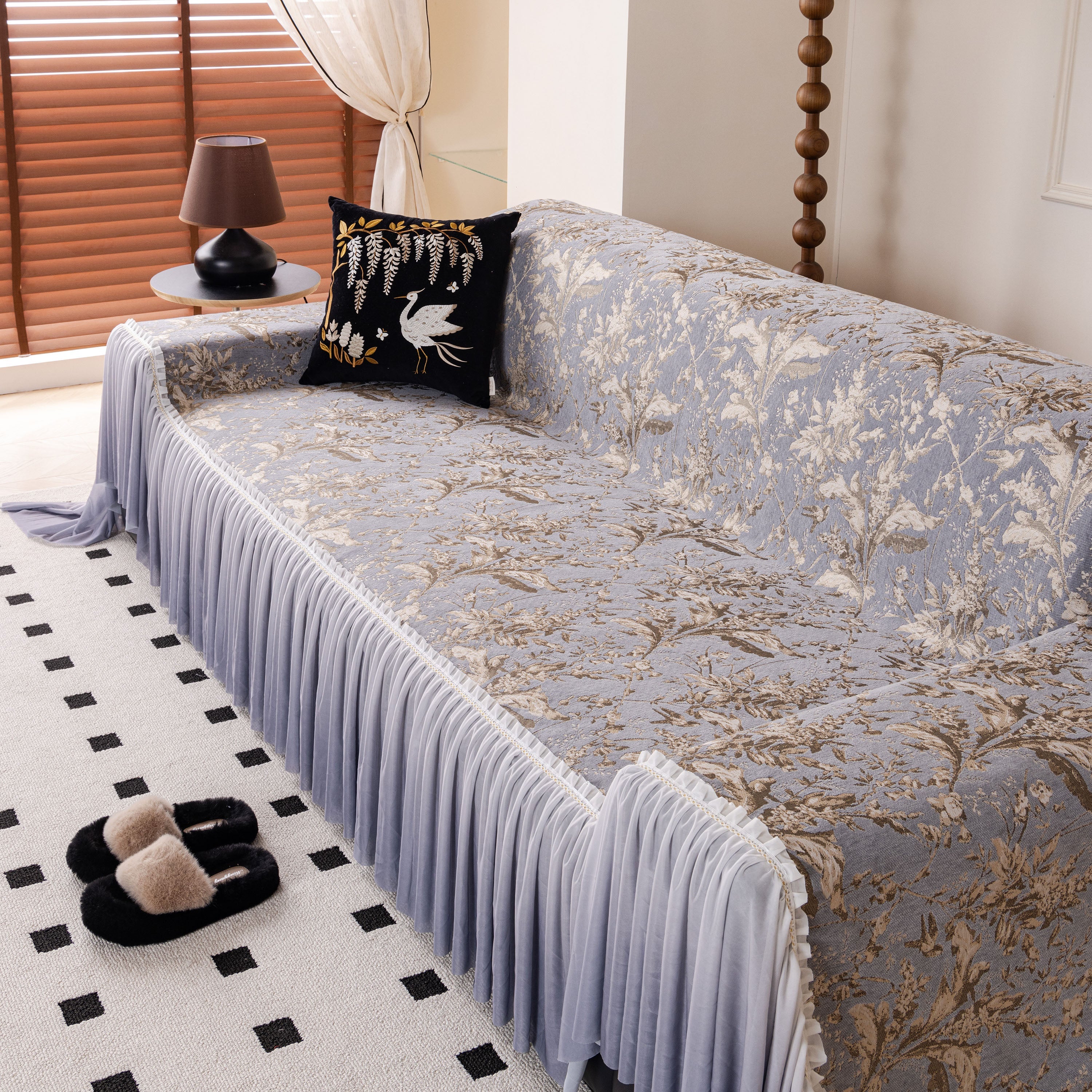 Elegant Botanical Sofa Cover With Pleated Tulle Skirt, Vintage Floral Couch Protector