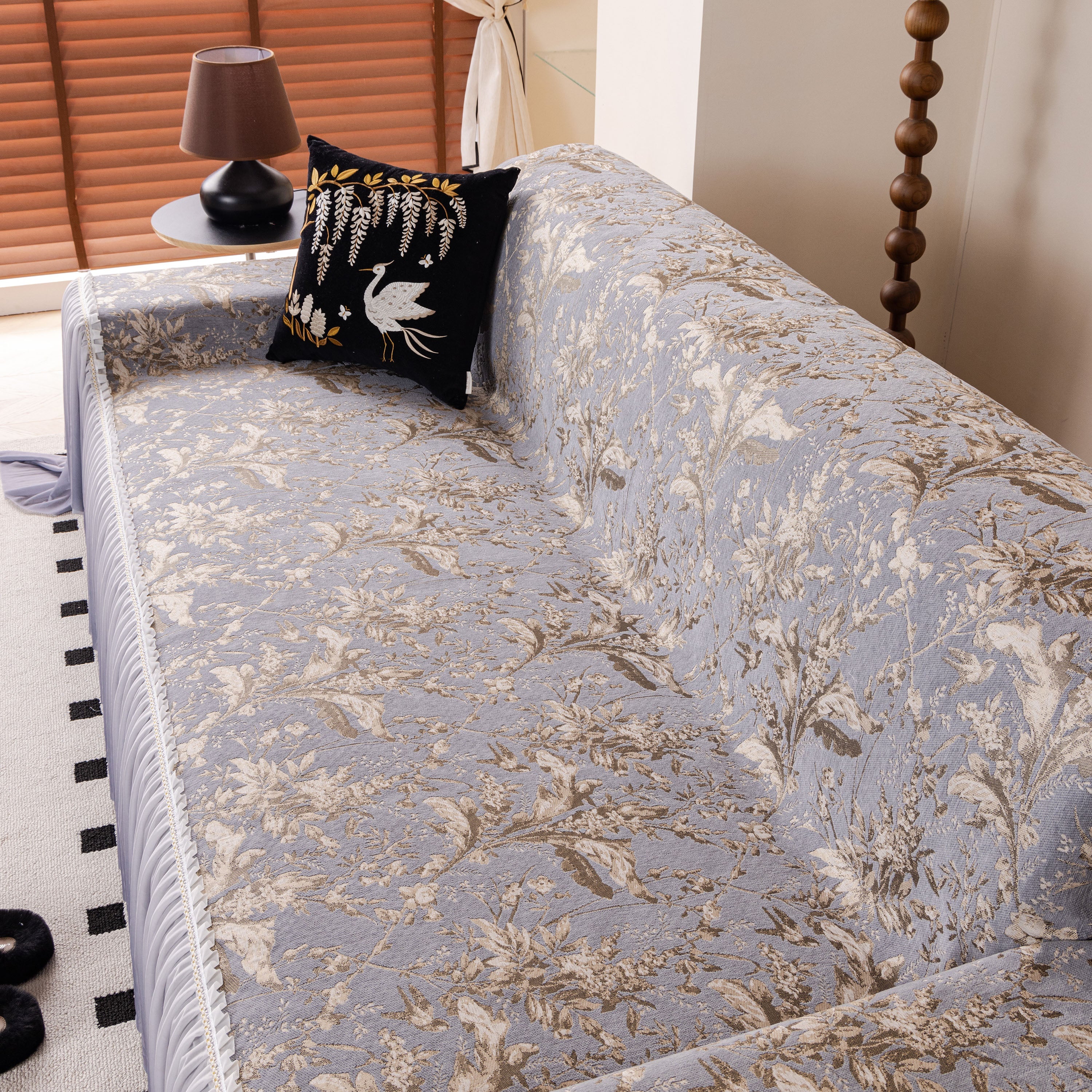 Elegant Botanical Sofa Cover With Pleated Tulle Skirt, Vintage Floral Couch Protector