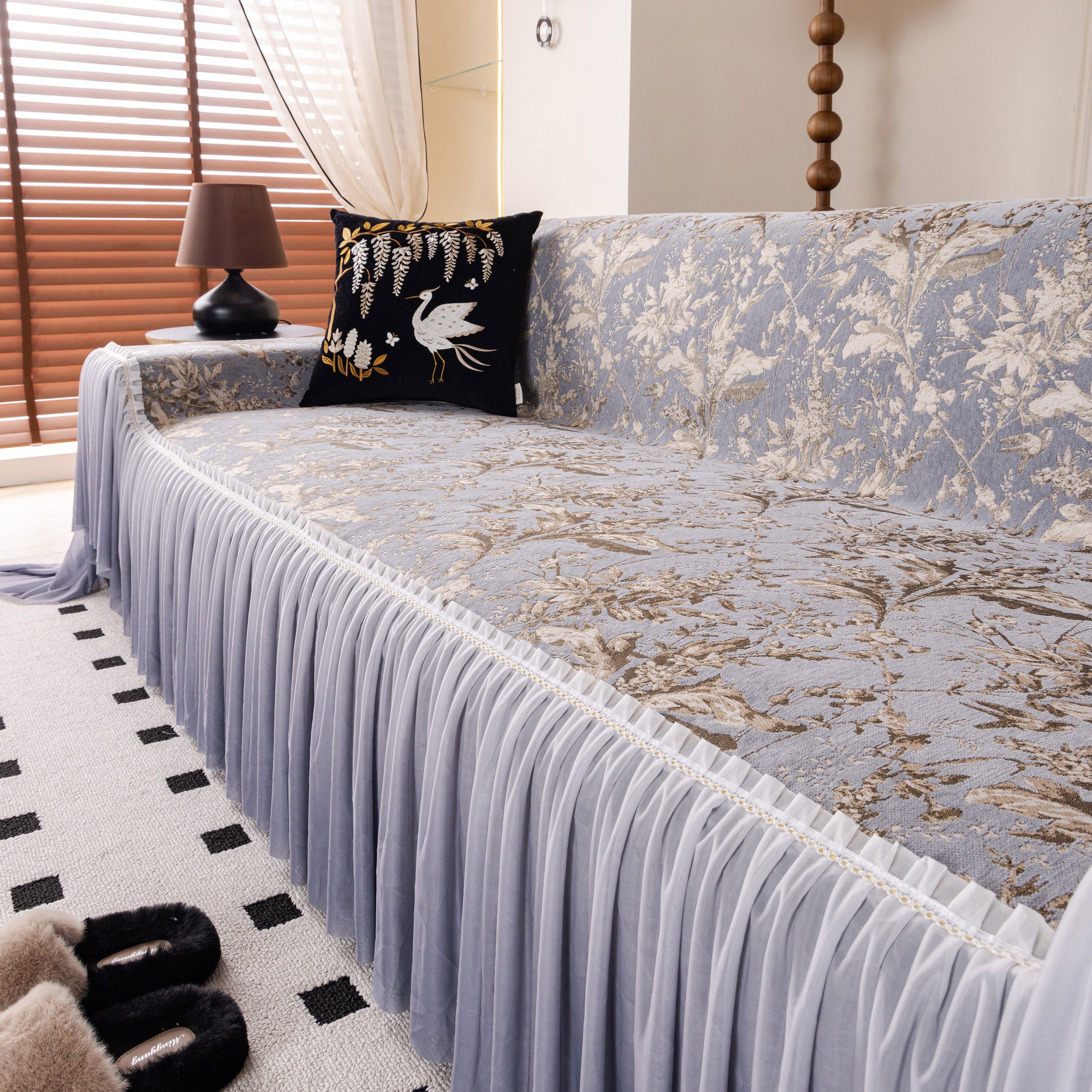 Elegant Botanical Sofa Cover With Pleated Tulle Skirt, Vintage Floral Couch Protector