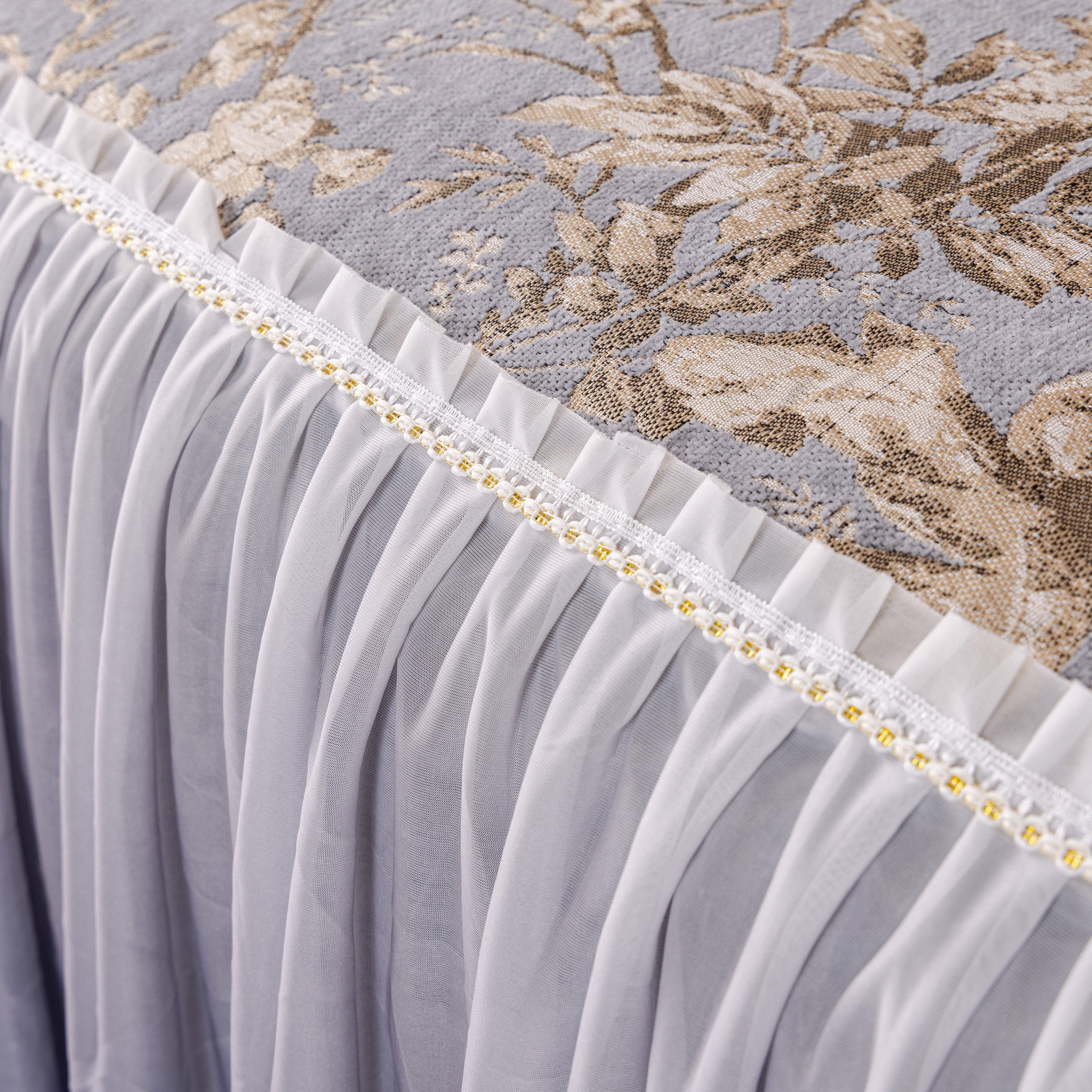 Elegant Botanical Sofa Cover With Pleated Tulle Skirt, Vintage Floral Couch Protector