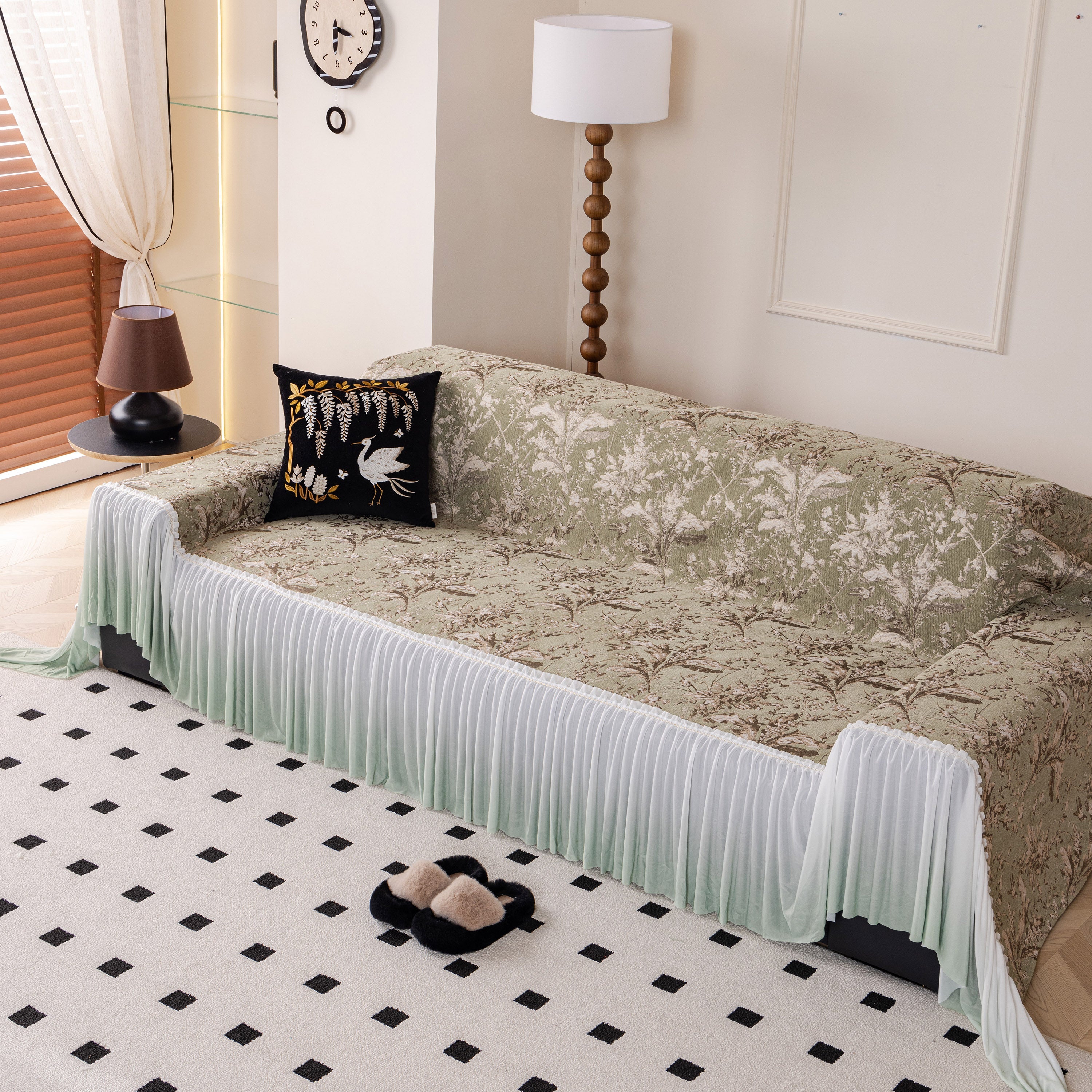 Elegant Botanical Sofa Cover With Pleated Tulle Skirt, Vintage Floral Couch Protector