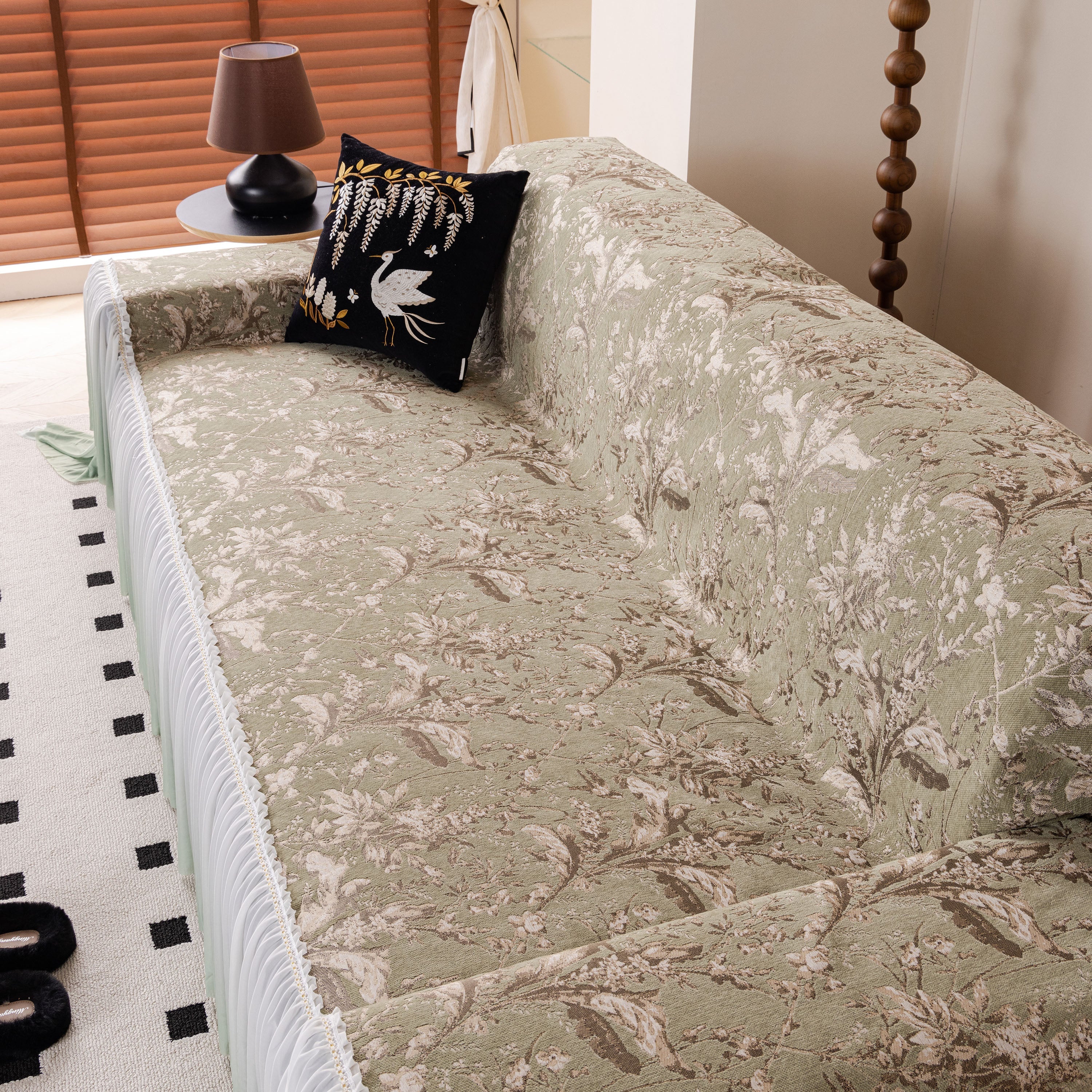 Elegant Botanical Sofa Cover With Pleated Tulle Skirt, Vintage Floral Couch Protector