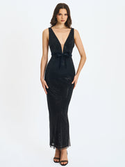 Olympia Black Belted Bow Plunging Rhinestone Maxi Dress