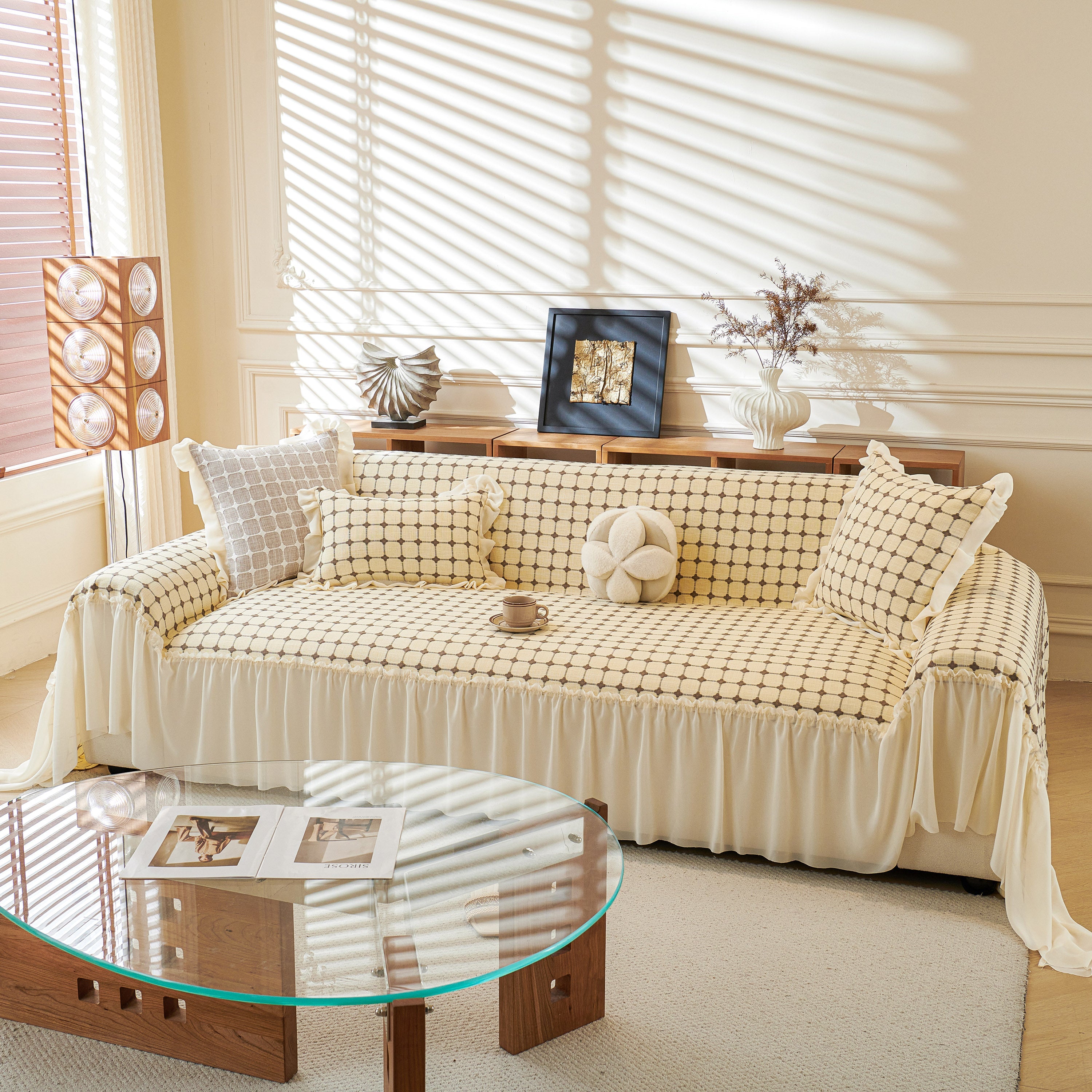Grid Textured Sofa Cover With Sheer Ruffle Skirt, Pet-friendly Sofa Throw Slipcover