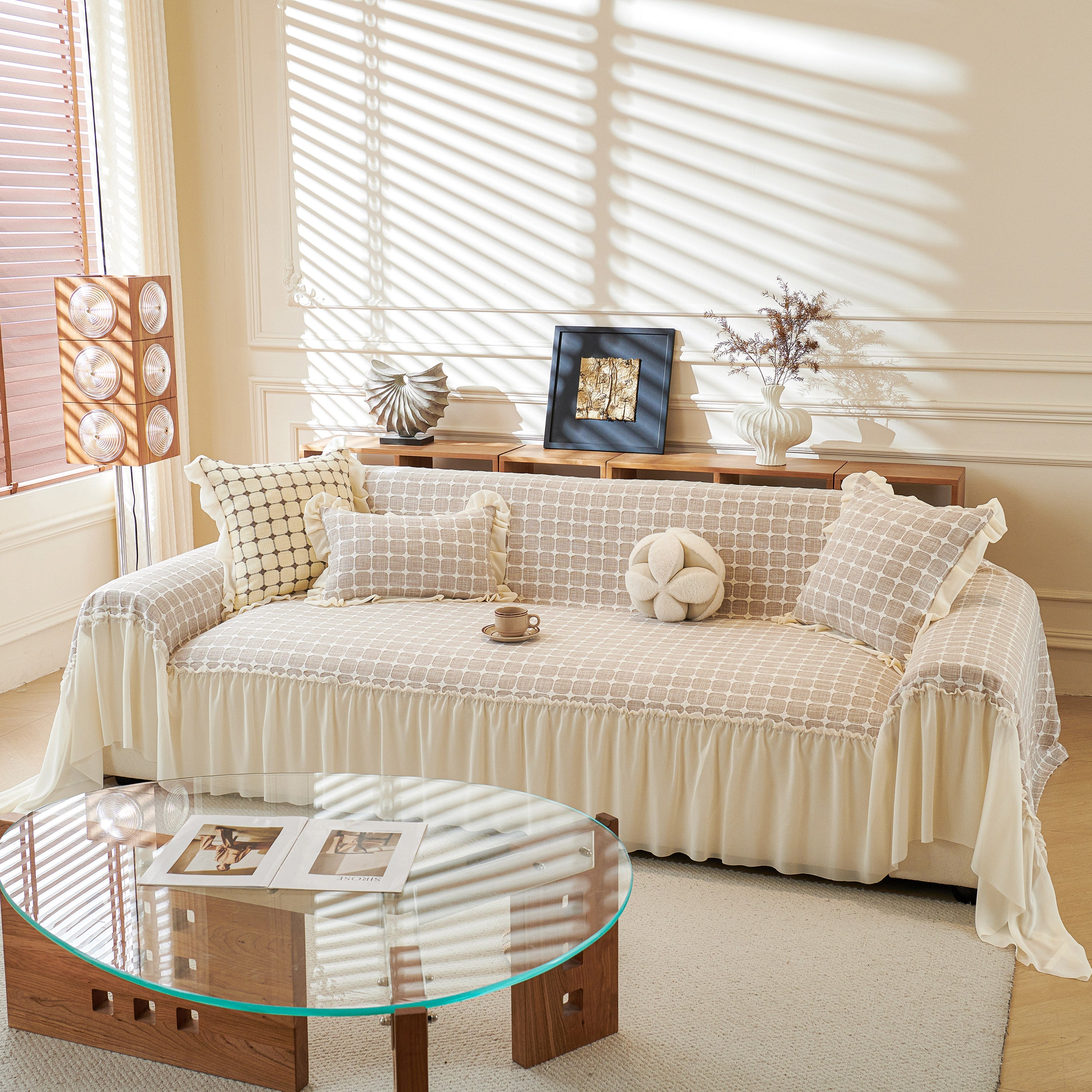 Grid Textured Sofa Cover With Sheer Ruffle Skirt, Pet-friendly Sofa Throw Slipcover