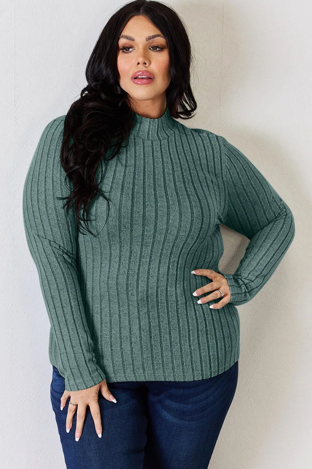 Basic Bae Full Size Ribbed Mock Neck Long Sleeve Knit Top | Includes Plus Size