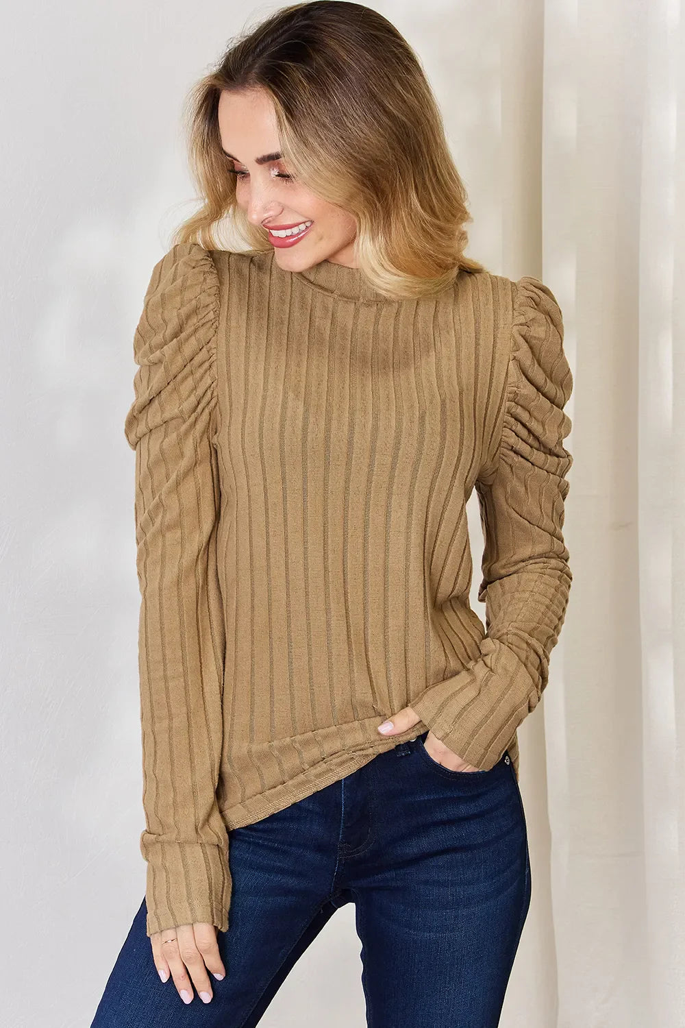 Basic Bae Full Size Ribbed Mock Neck Puff Sleeve T-shirt | Includes Plus Size