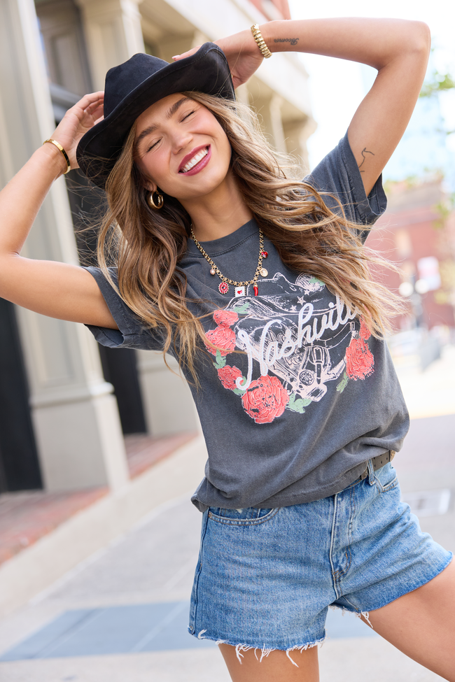 Nashville Vintage Rose Dark Grey Graphic Tee