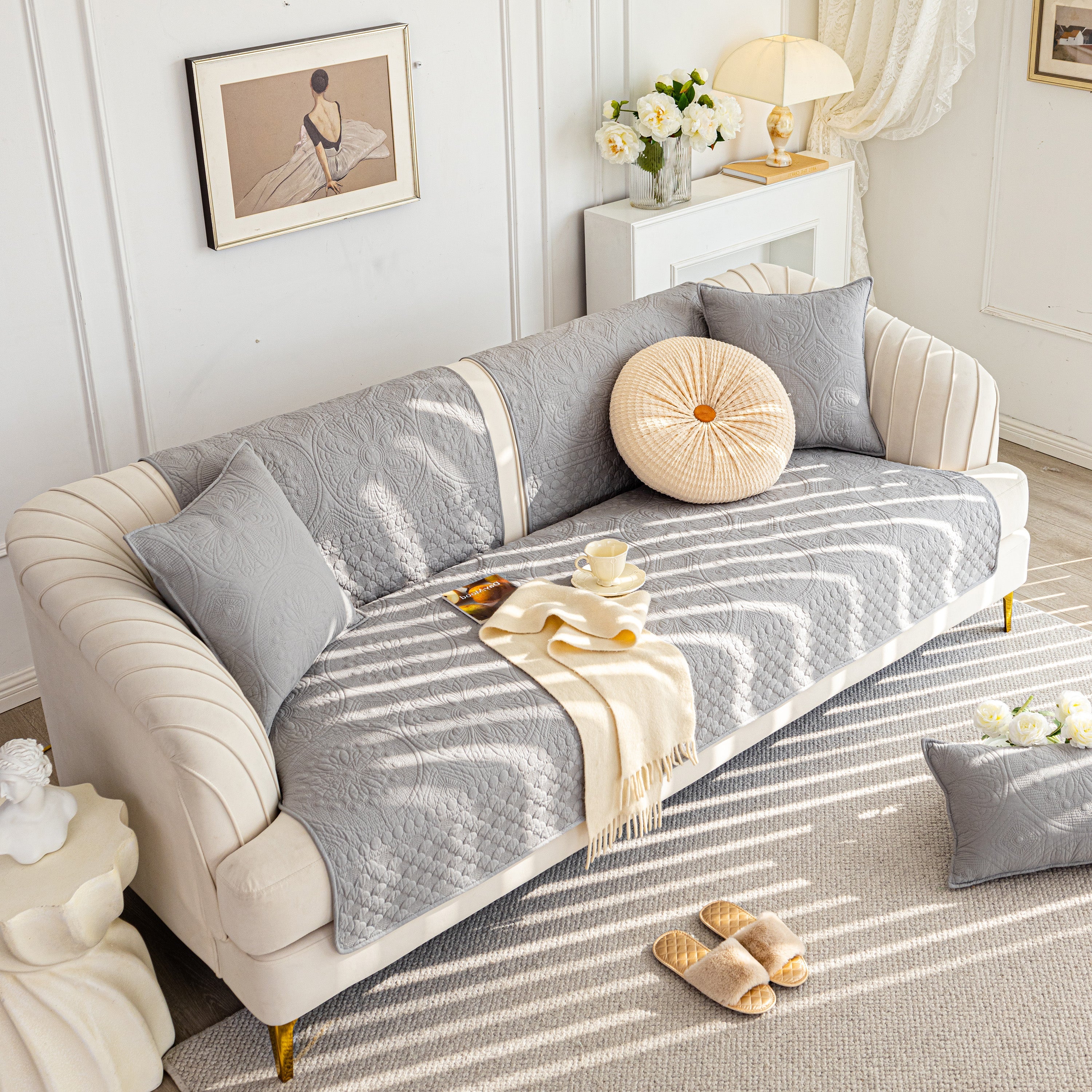 Cotton Quilted Sofa Cover, Non-slip Couch Protector Fits Backrest, Seat & Armrest