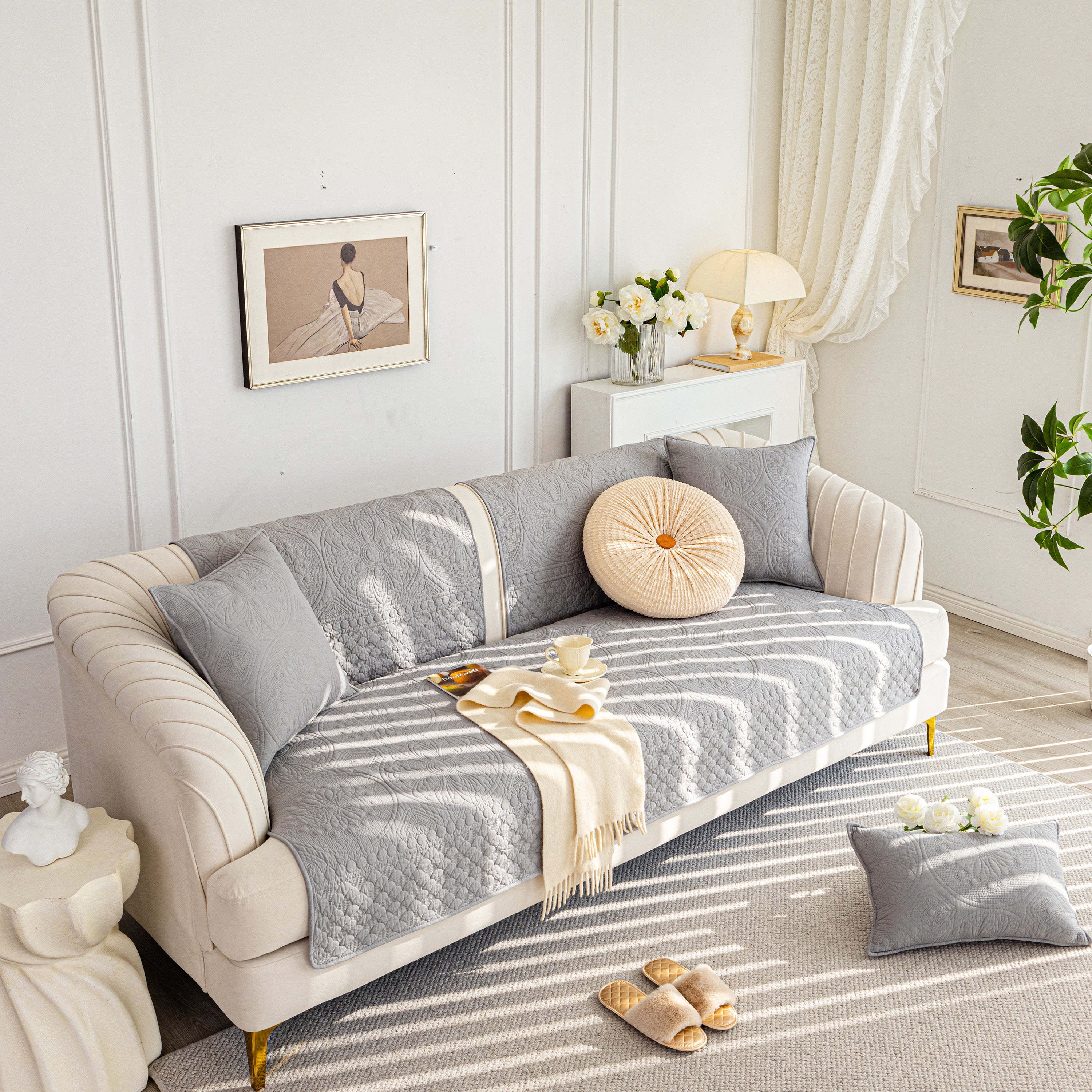 Cotton Quilted Sofa Cover, Non-slip Couch Protector Fits Backrest, Seat & Armrest