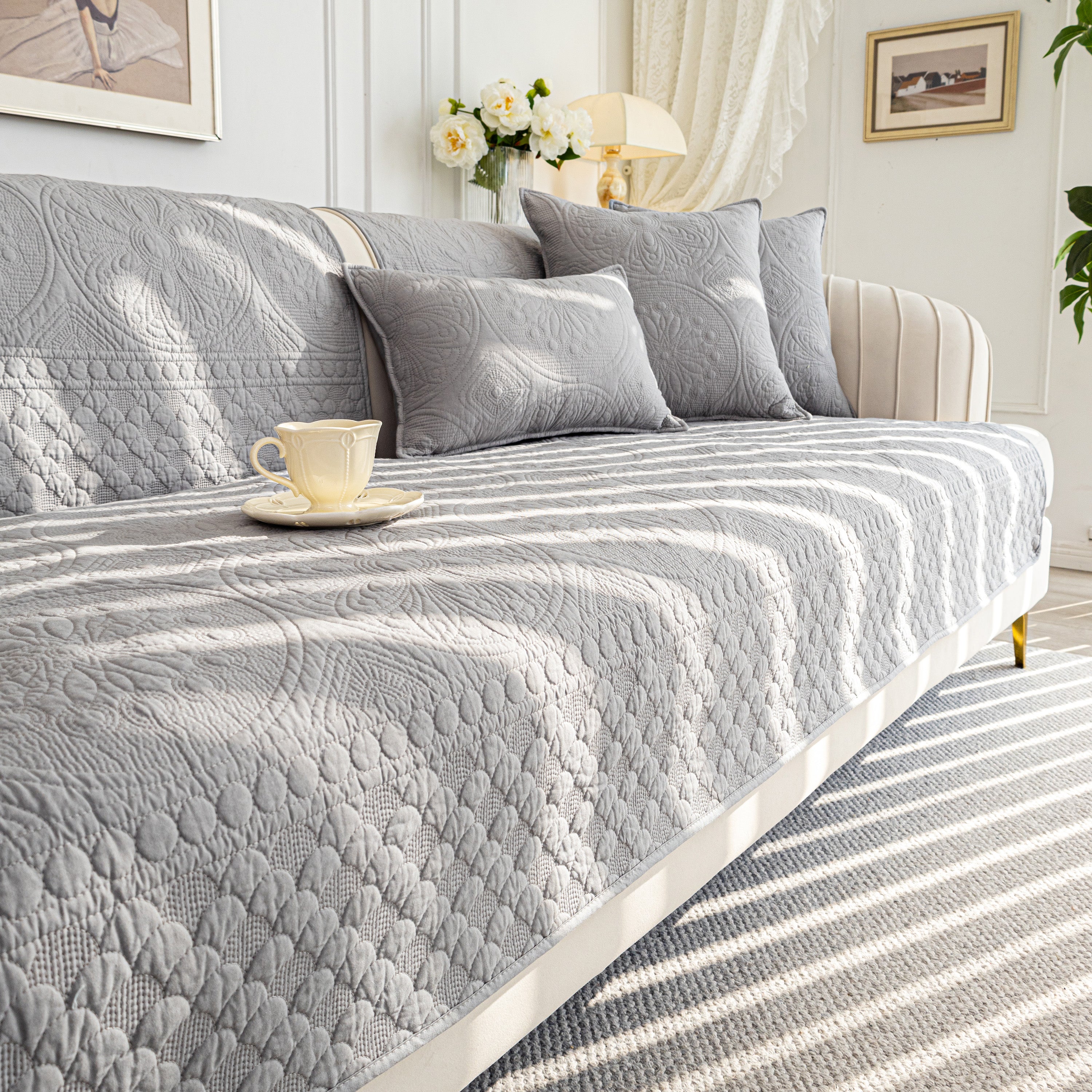 Cotton Quilted Sofa Cover, Non-slip Couch Protector Fits Backrest, Seat & Armrest