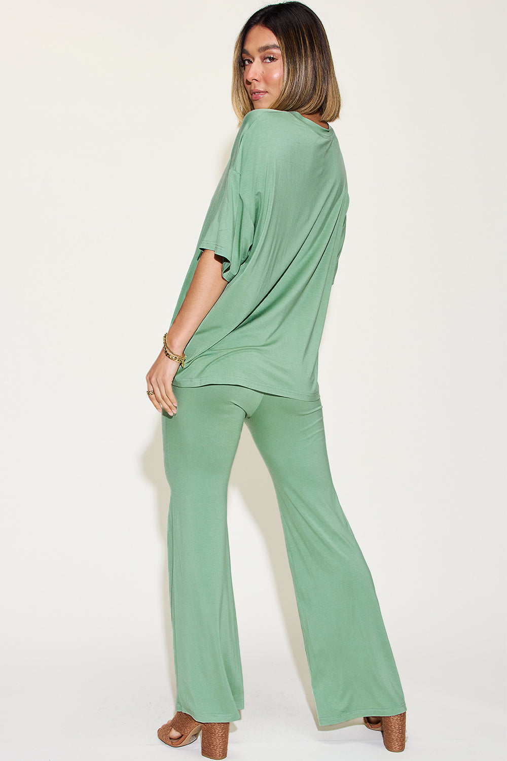 Basic Bae Full Size Bamboo Drop Shoulder T-shirt And Flare Pants Set