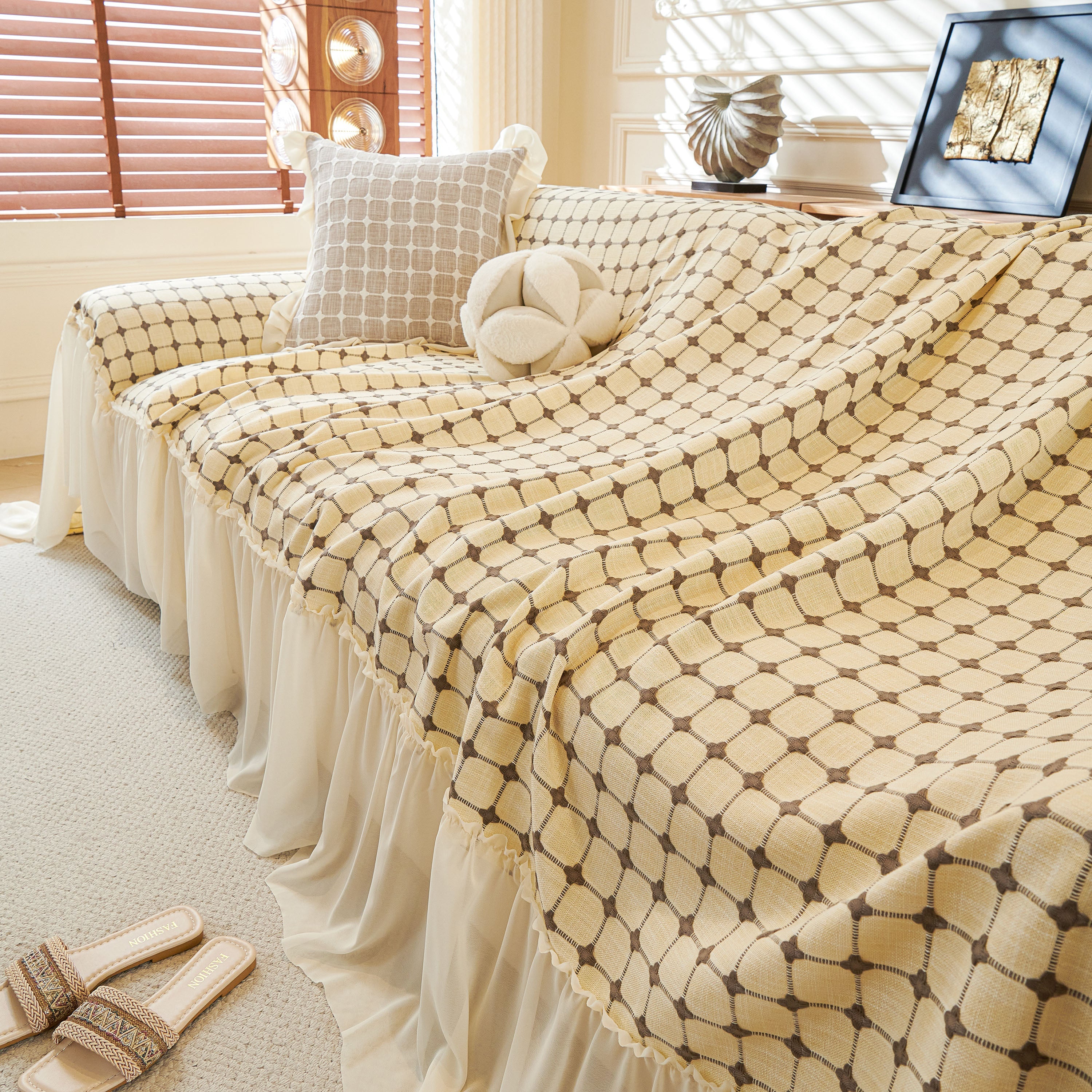 Grid Textured Sofa Cover With Sheer Ruffle Skirt, Pet-friendly Sofa Throw Slipcover