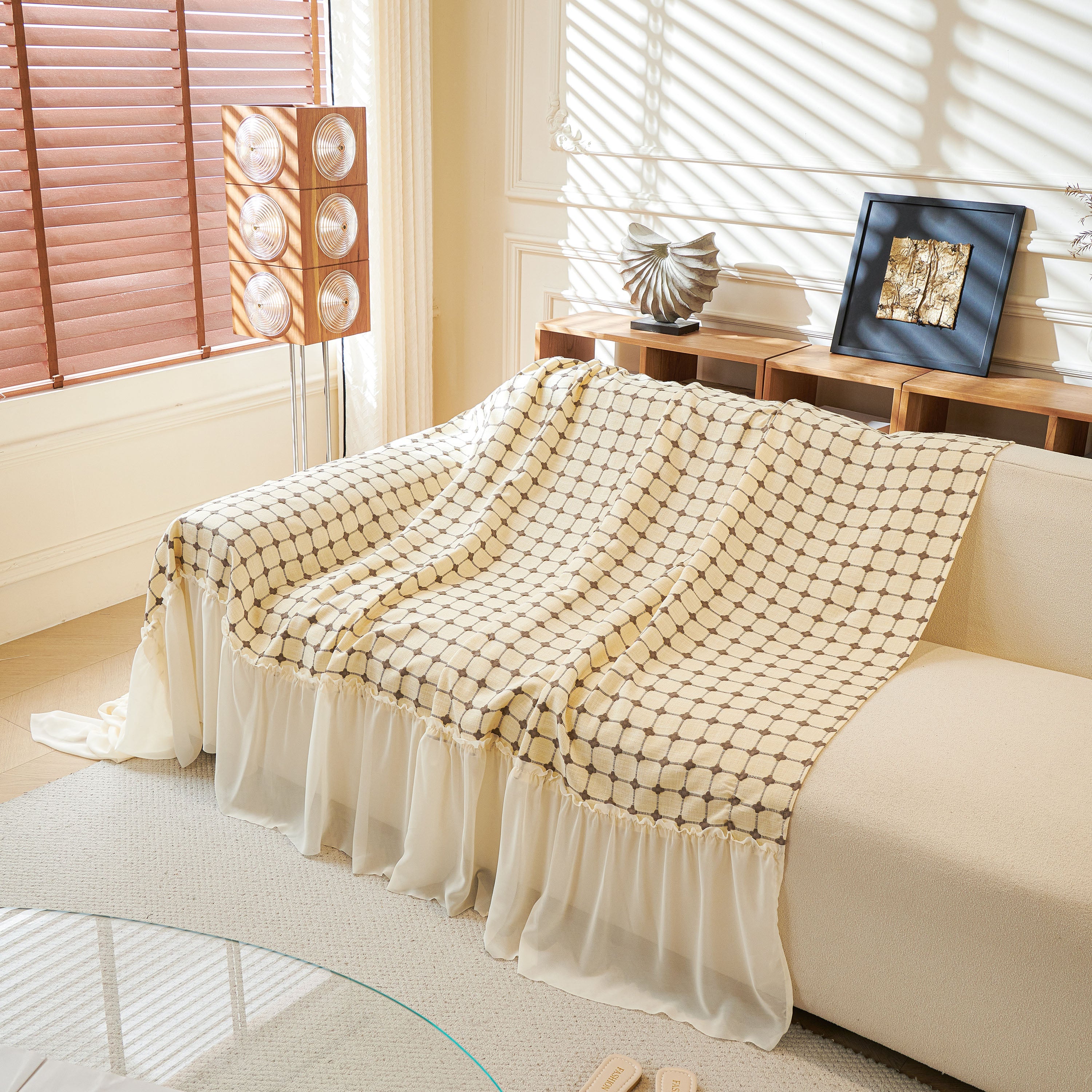 Grid Textured Sofa Cover With Sheer Ruffle Skirt, Pet-friendly Sofa Throw Slipcover