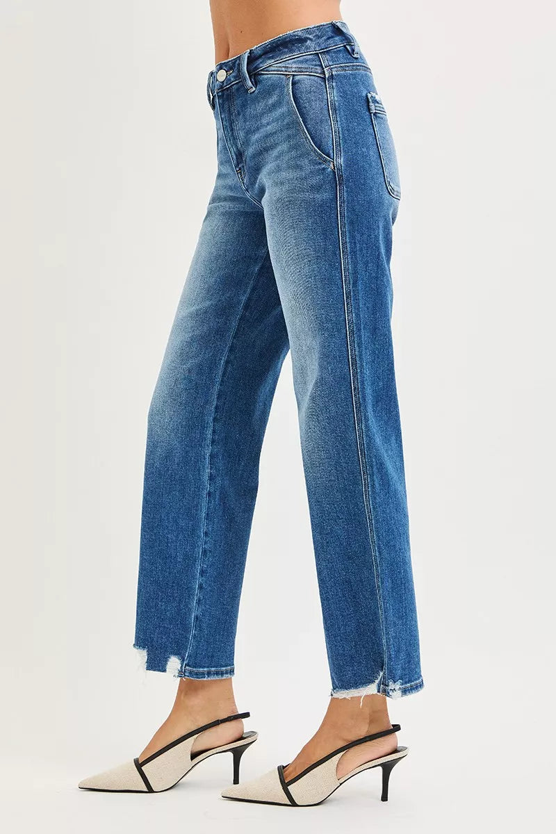Risen High Rise Ankle Straight Distressed Hem Detail Jeans