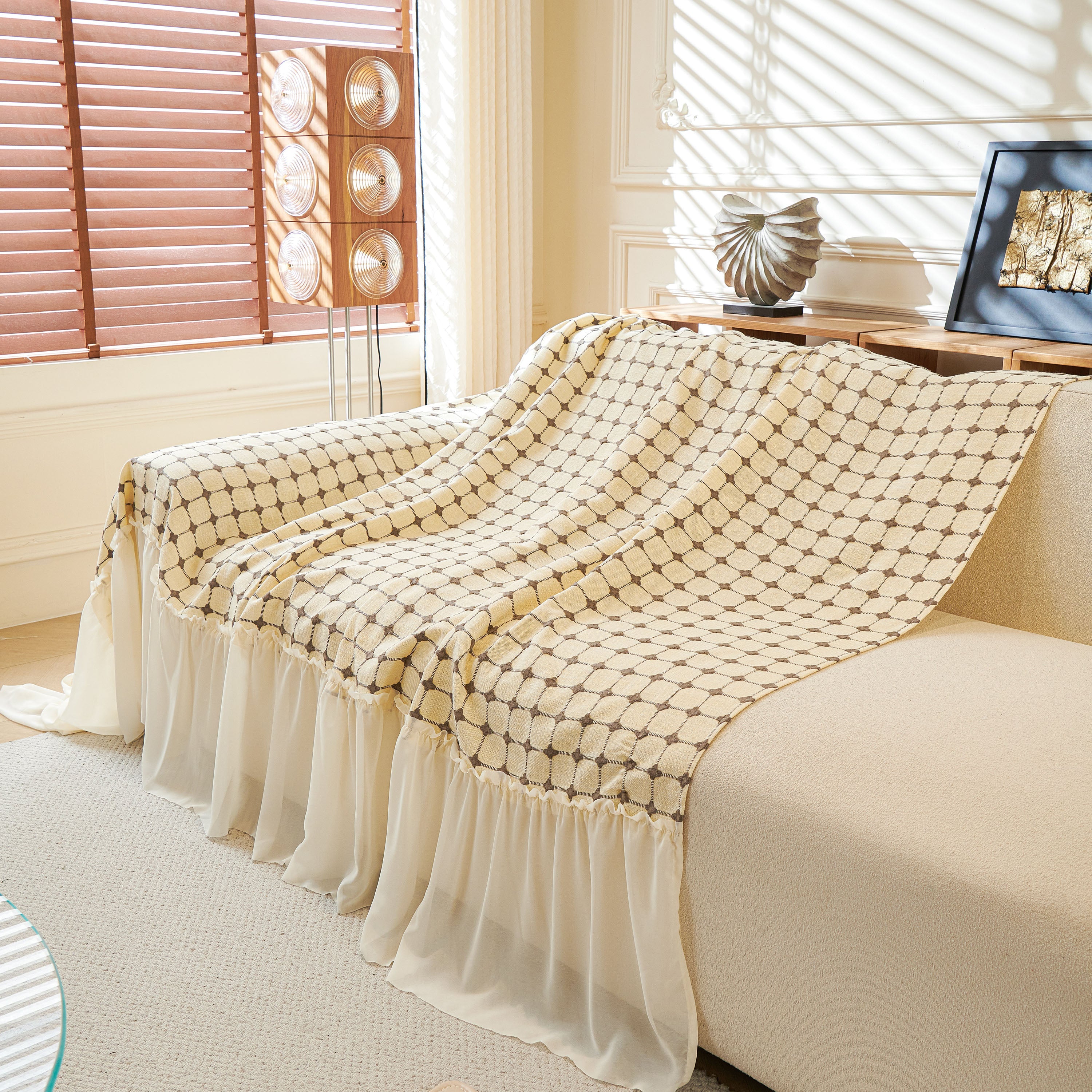 Grid Textured Sofa Cover With Sheer Ruffle Skirt, Pet-friendly Sofa Throw Slipcover